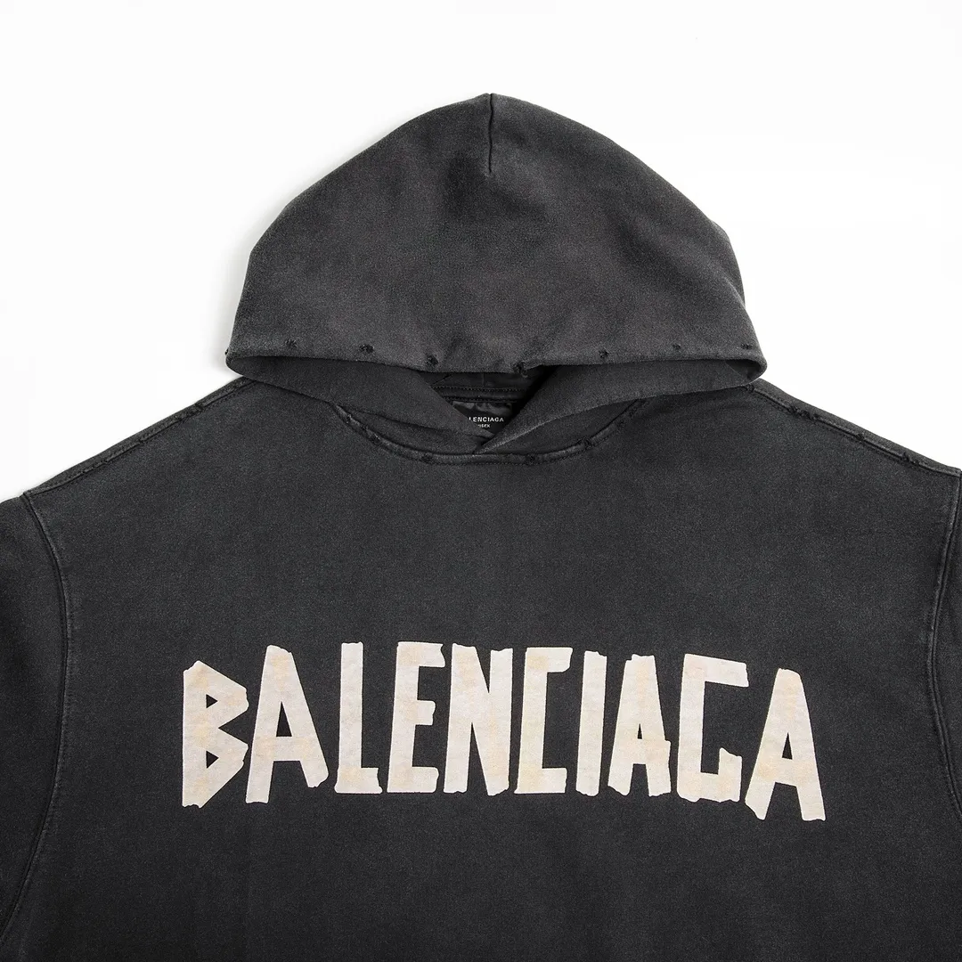 🅿️330 7153# Detailed picture Top version [BALENCIA*GA] Official website quality Paris new yellow tape series hooded sweatshirt OS version Loose dropped shoulders Same style for men and women Fabric: 480g 100% cotton terry sweater Process: Digital direct printing of front and back panels Garment wash Worn Distressed Fixed color Color: Washed black Gray blue Washed blue Size: XS S M L