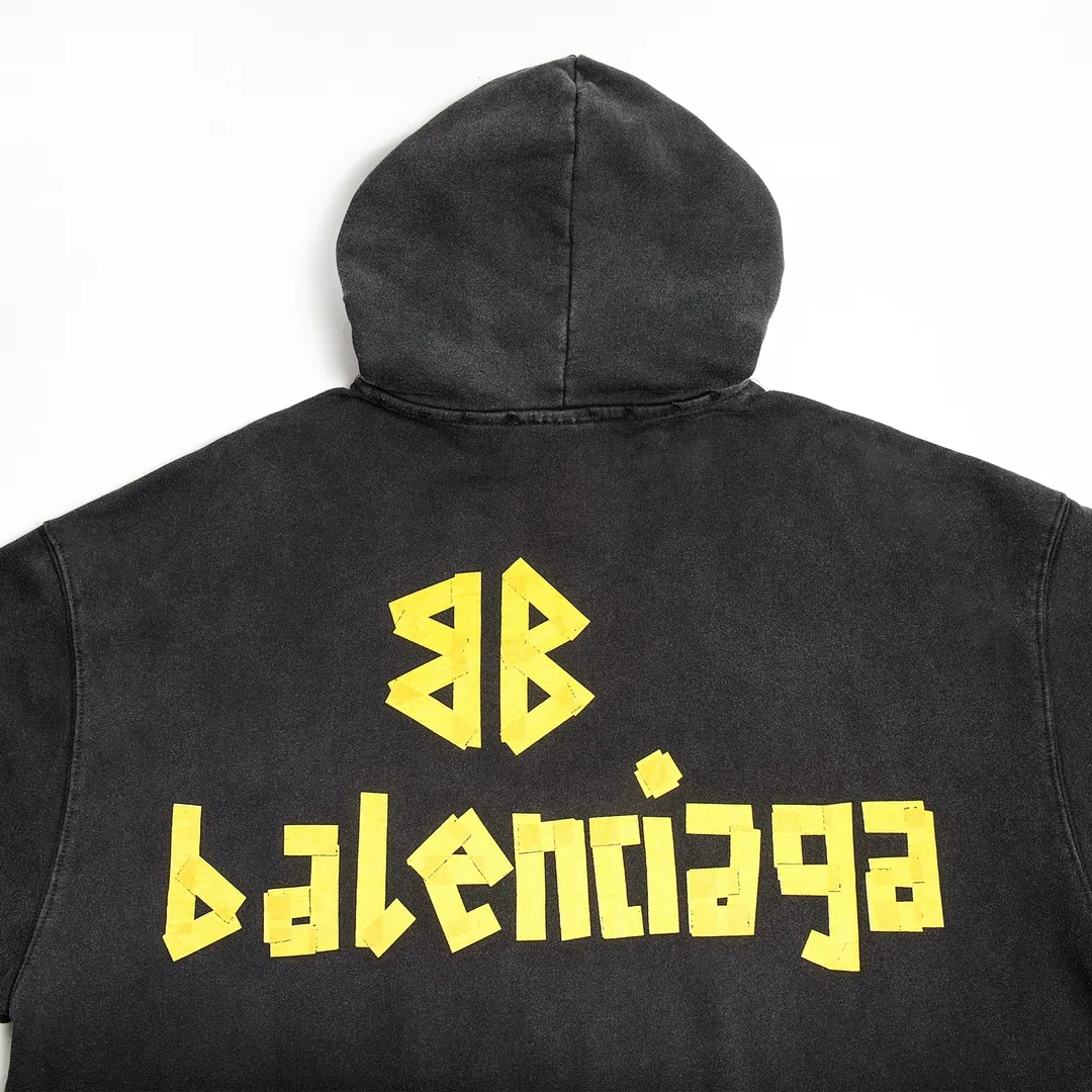 🅿️330 7153# Detailed picture Top version [BALENCIA*GA] Official website quality Paris new yellow tape series hooded sweatshirt OS version Loose dropped shoulders Same style for men and women Fabric: 480g 100% cotton terry sweater Process: Digital direct printing of front and back panels Garment wash Worn Distressed Fixed color Color: Washed black Gray blue Washed blue Size: XS S M L