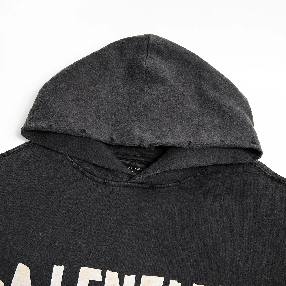 🅿️330 7153# Detailed picture Top version [BALENCIA*GA] Official website quality Paris new yellow tape series hooded sweatshirt OS version Loose dropped shoulders Same style for men and women Fabric: 480g 100% cotton terry sweater Process: Digital direct printing of front and back panels Garment wash Worn Distressed Fixed color Color: Washed black Gray blue Washed blue Size: XS S M L