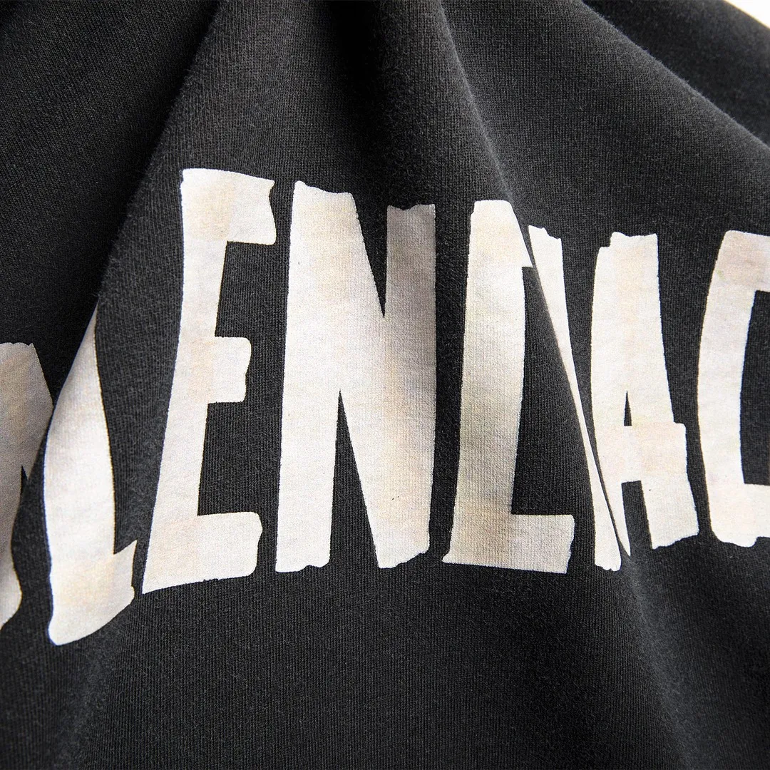 🅿️330 7153# Detailed picture Top version [BALENCIA*GA] Official website quality Paris new yellow tape series hooded sweatshirt OS version Loose dropped shoulders Same style for men and women Fabric: 480g 100% cotton terry sweater Process: Digital direct printing of front and back panels Garment wash Worn Distressed Fixed color Color: Washed black Gray blue Washed blue Size: XS S M L
