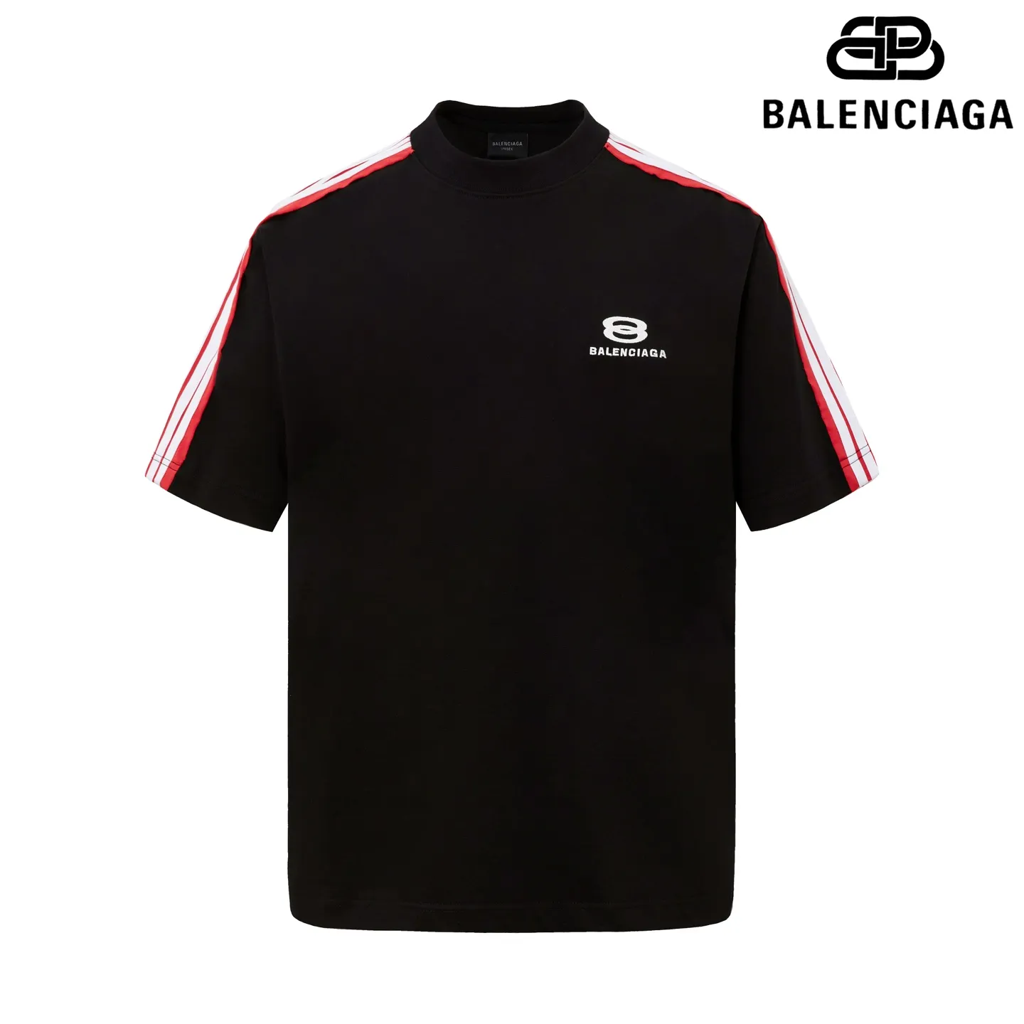 🅿️180 9200# Detailed picture Top version [[BALENCIA*GA] official website quality Paris new raglan sleeves color matching. Tie strips. Classic LOGO short-sleeved T-shirt embroidered on the front left chest OS version Loose dropped shoulders Unisex Fabric: 260 grams 100% cotton double yarn Technology: front panel printing Garment washing Shape solid color Color: black white Size: XS S M L