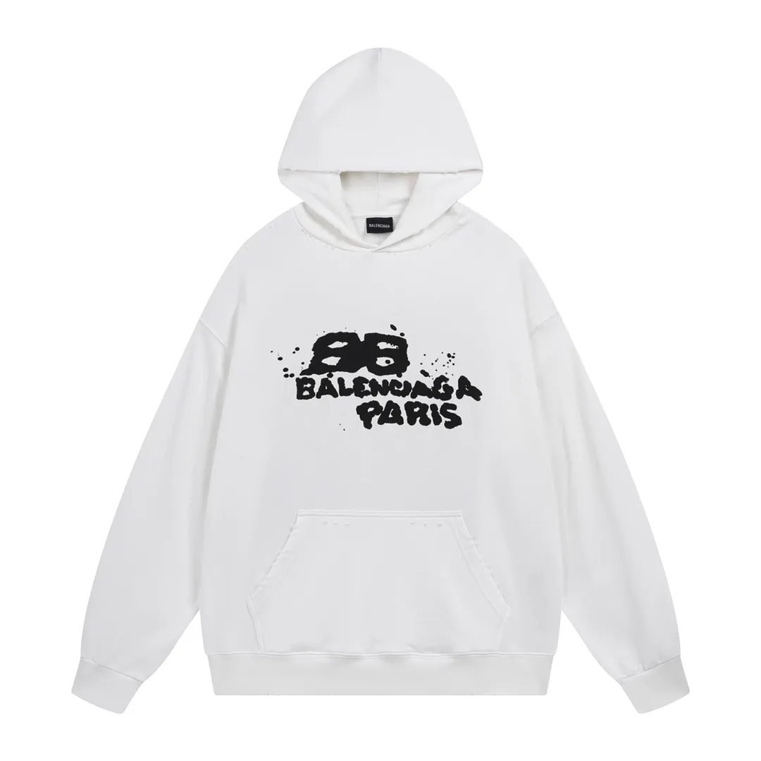 🅿️300 Detailed picture [Top version. Official website quality] BALENCI*GA/Paris BALENCI*GA#BB hand-painted graffiti long-sleeved hooded sweatshirt. 2023 autumn and winter new products. Brick cabinet synchronization. The fabric is made of Paris ZP custom-woven and dyed cotton double-yarn David sweatshirt. The weight is 450 grams, the cloth surface is clean. The cloth pattern is clear. Soft and comfortable. Good color fastness. Not easy to change color. The threads are woven and dyed with no color difference. The printing uses a round machine hand-painted effect. No burrs. The color is the same as the original board. The whole piece of clothing is hand-made and worn. The brick cabinet is restored. The version adopts the OS loose shoulder style. Same style for men and women. Coding: BL238018 Color: black, white, gray blue, pink Size: XS S M L