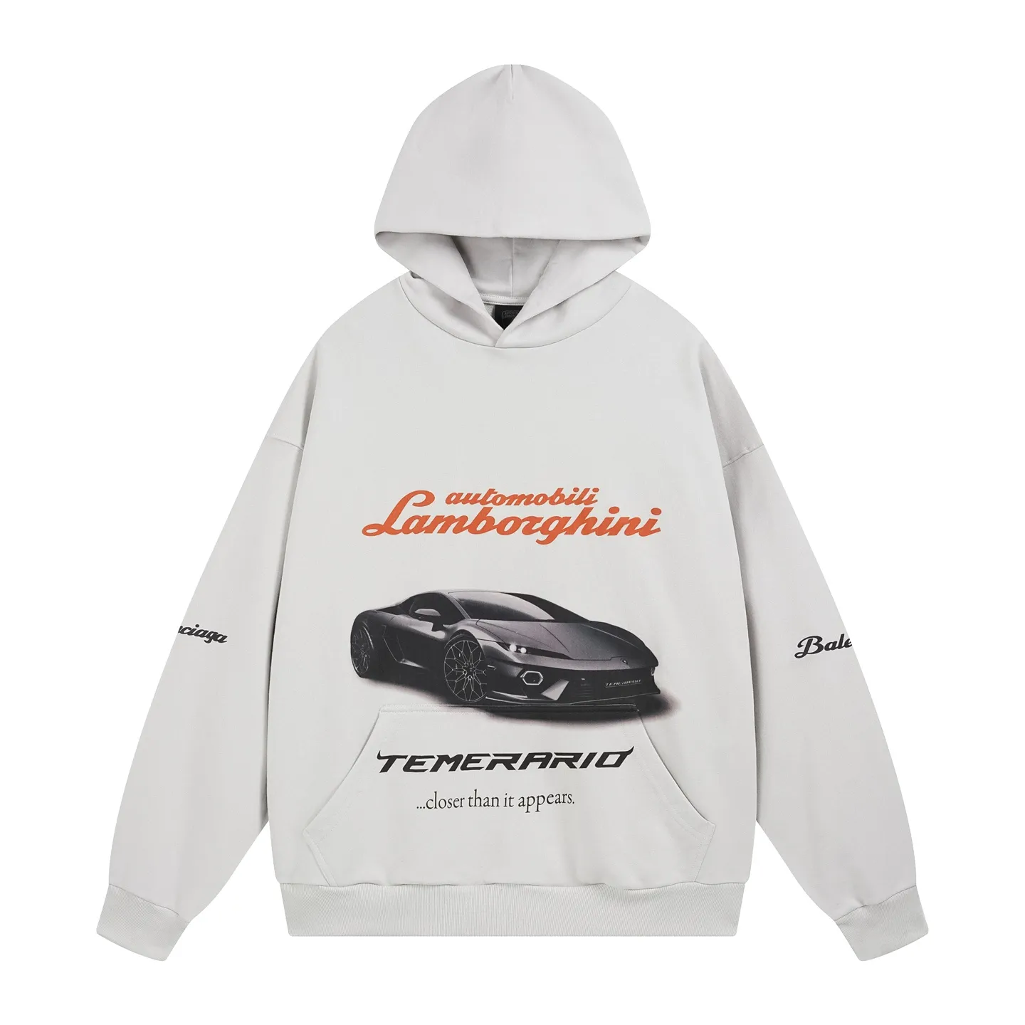 🅿️370 real photos [Top version. Official website quality] BALENCI*GA/Paris co-branded Lamborghini Lamborghini front and back left and right sleeve direct-injection printed hooded sweatshirt SS25 latest model. Research and development at the first time, different market currencies. Comparisons welcome. The fabric is made of Paris ZP custom-woven and dyed cotton sweatshirt. Weighing 460 grams, the cloth surface is clean. The cloth pattern is clear, soft and comfortable. The threads are dyed with no color difference. Printing adopts computer direct printing. The pattern letters are clear, three-dimensional and without burrs. Jubie market produces pictures based on pictures. Welcome to compare. The version adopts OS loose shoulder design. Same style for men and women. Code: BL259931 Color: white gray, Size: XS S M L