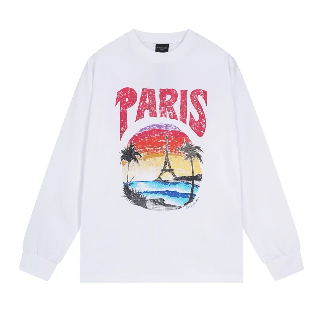 🅿️250 BALENCI*GA Paris Hawaiian Coconut Tower Long Sleeve. The fabric is made of Paris custom-woven and dyed double yarn pure cotton fabric. The weight is 280g. The thread is custom-woven and dyed without color difference. The front and rear panels are printed by imported machine. Two high-temperature setting washes. Os dropped shoulders and loose version. Same style for men and women -Color: Black Ivory White -SIZE: XS S M L Style No. 8615#
