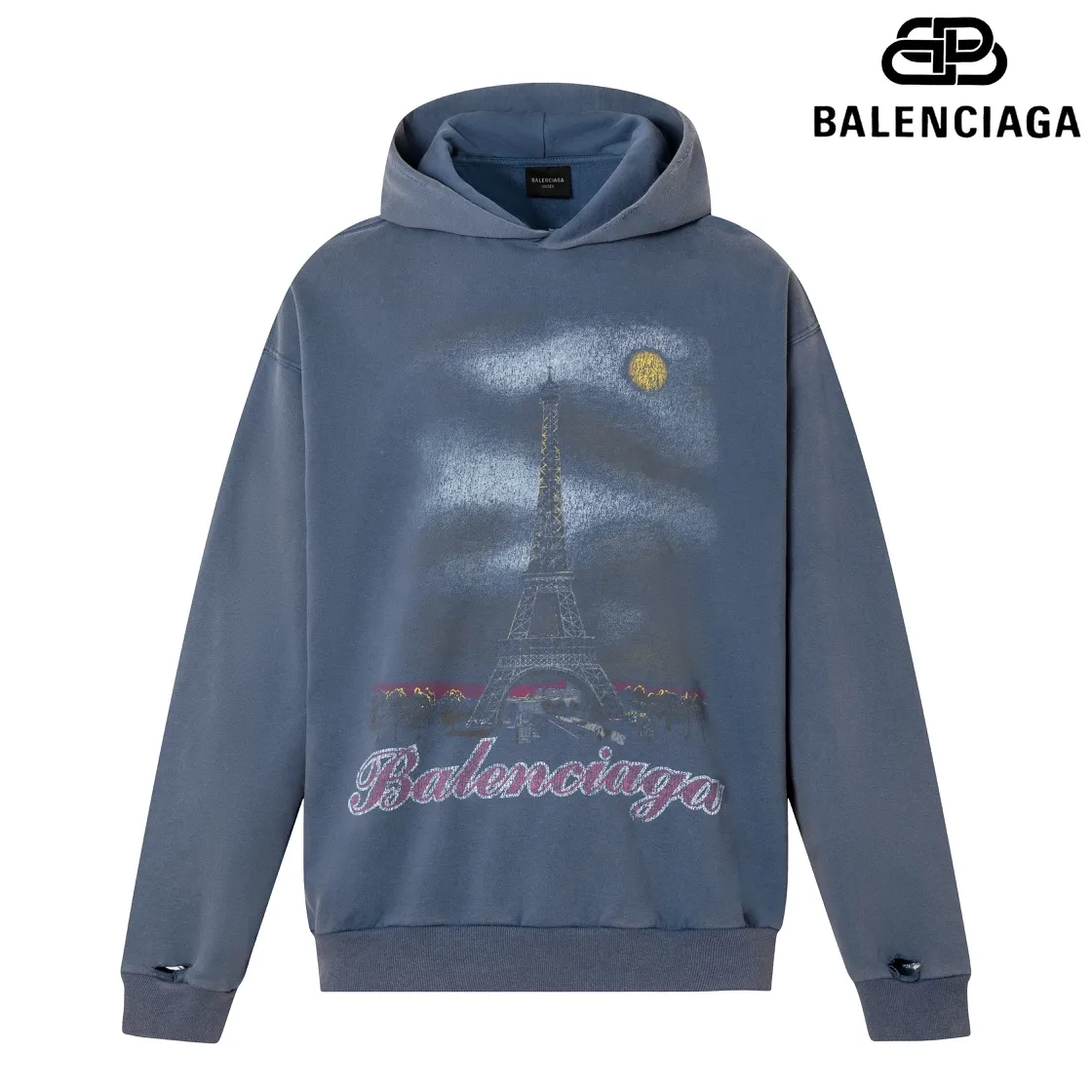🅿️340 Detailed picture Top version [BALENCIA*GA] Official website quality Paris' new Paris Eiffel Tower series hooded sweatshirt OS version Loose dropped shoulders Unisex style Fabric: 480g 100% cotton terry David sweater Technology: Front white ink direct spray Garment wash Frayed Distressed Fixed color Color: Washed blue Pink Size: XS S M L