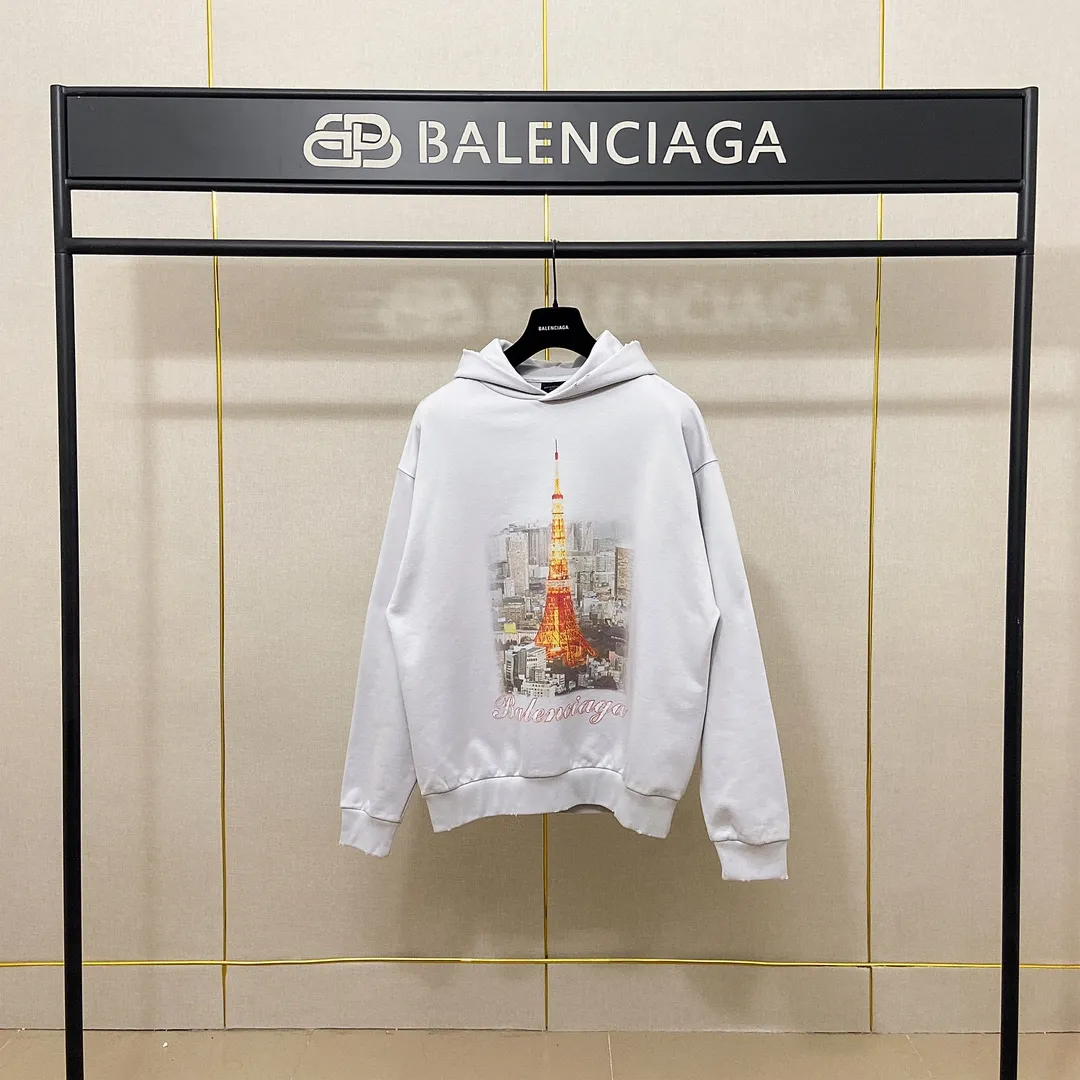 🅿️310 7156# Actual photo top version [[BALENCIA*GA] official website quality Paris new Japanese Tokyo Tower series hooded sweatshirt OS version loose dropped shoulders Unisex style Fabric: 480g 100% cotton terry Davidson process: front and back digital printing garment wash worn distressed solid color Color: black blue off-white Size: XS S M L