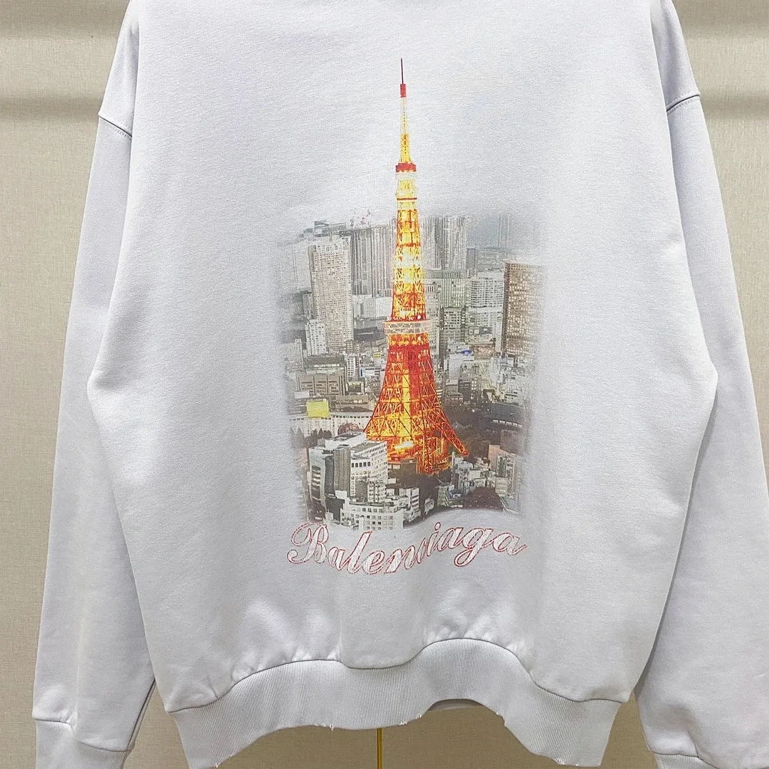 🅿️310 7156# Actual photo top version [[BALENCIA*GA] official website quality Paris new Japanese Tokyo Tower series hooded sweatshirt OS version loose dropped shoulders Unisex style Fabric: 480g 100% cotton terry Davidson process: front and back digital printing garment wash worn distressed solid color Color: black blue off-white Size: XS S M L