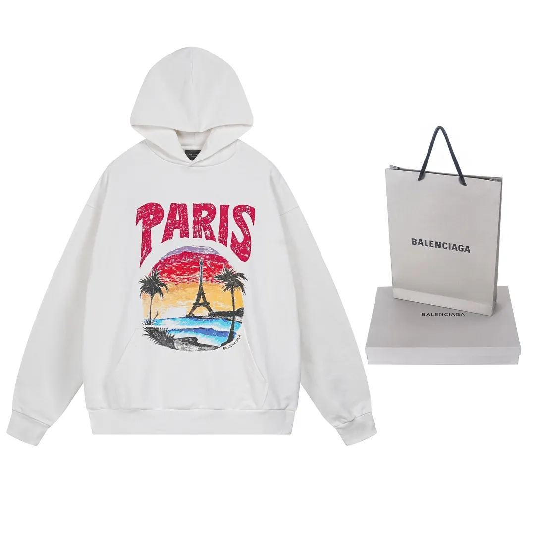 🅿️320 real photos [Top version. Official website quality] BALENCI*GA/Paris. Hawaiian sunset coconut palm tower LOGO pattern direct-printed hooded sweatshirt. Brick cabinet synchronization. The fabric is made of Paris ZP custom-woven and dyed cotton sweatshirt. The weight is 460 grams. The cloth surface is clean. The cloth pattern is clear, soft and comfortable. The threads are dyed with no color difference. The classic pattern printing uses imported machine direct printing. The effect is three-dimensional and restores the brick cabinet. Different market currencies, welcome to compare. The version adopts OS loose shoulder design. Same style for men and women. Code: BL238920 Color: black, white Size: XS S M L