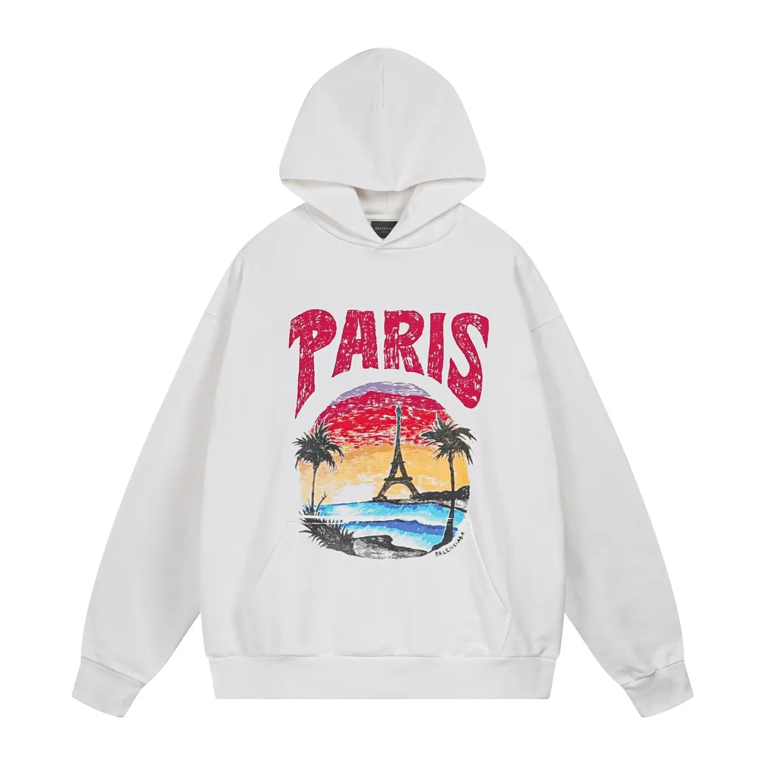 🅿️320 real photos [Top version. Official website quality] BALENCI*GA/Paris. Hawaiian sunset coconut palm tower LOGO pattern direct-printed hooded sweatshirt. Brick cabinet synchronization. The fabric is made of Paris ZP custom-woven and dyed cotton sweatshirt. The weight is 460 grams. The cloth surface is clean. The cloth pattern is clear, soft and comfortable. The threads are dyed with no color difference. The classic pattern printing uses imported machine direct printing. The effect is three-dimensional and restores the brick cabinet. Different market currencies, welcome to compare. The version adopts OS loose shoulder design. Same style for men and women. Code: BL238920 Color: black, white Size: XS S M L