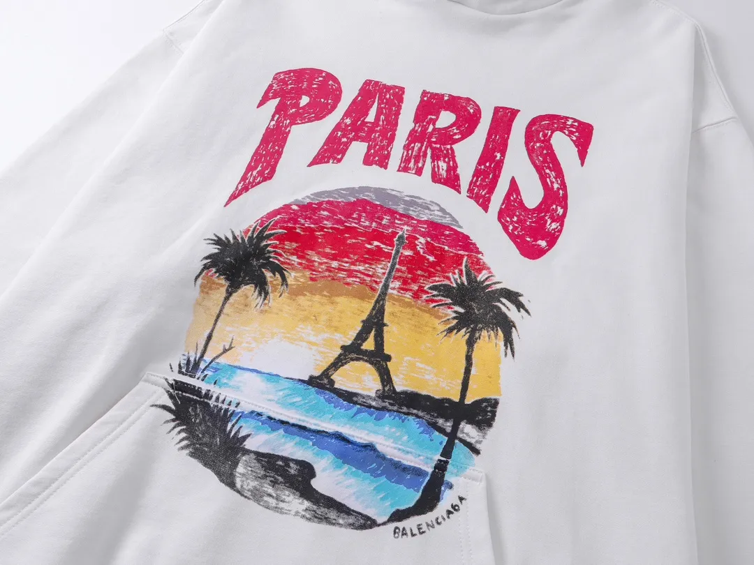🅿️320 real photos [Top version. Official website quality] BALENCI*GA/Paris. Hawaiian sunset coconut palm tower LOGO pattern direct-printed hooded sweatshirt. Brick cabinet synchronization. The fabric is made of Paris ZP custom-woven and dyed cotton sweatshirt. The weight is 460 grams. The cloth surface is clean. The cloth pattern is clear, soft and comfortable. The threads are dyed with no color difference. The classic pattern printing uses imported machine direct printing. The effect is three-dimensional and restores the brick cabinet. Different market currencies, welcome to compare. The version adopts OS loose shoulder design. Same style for men and women. Code: BL238920 Color: black, white Size: XS S M L