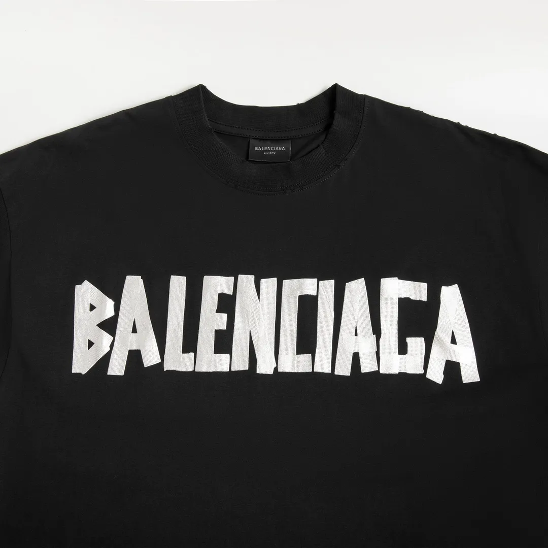 🅿️200 8110# Detailed picture Top version [[BALENCIA*GA] official website quality Paris new yellow tape digital direct spray long-sleeved T-shirt OS version Loose dropped shoulders Unisex fabric: 260g 100% cotton double yarn Process: front and rear digital direct spray Garment wash worn distressed fixed color solid Color: gray blue black white washed blue wine red green Size: XS S M L
