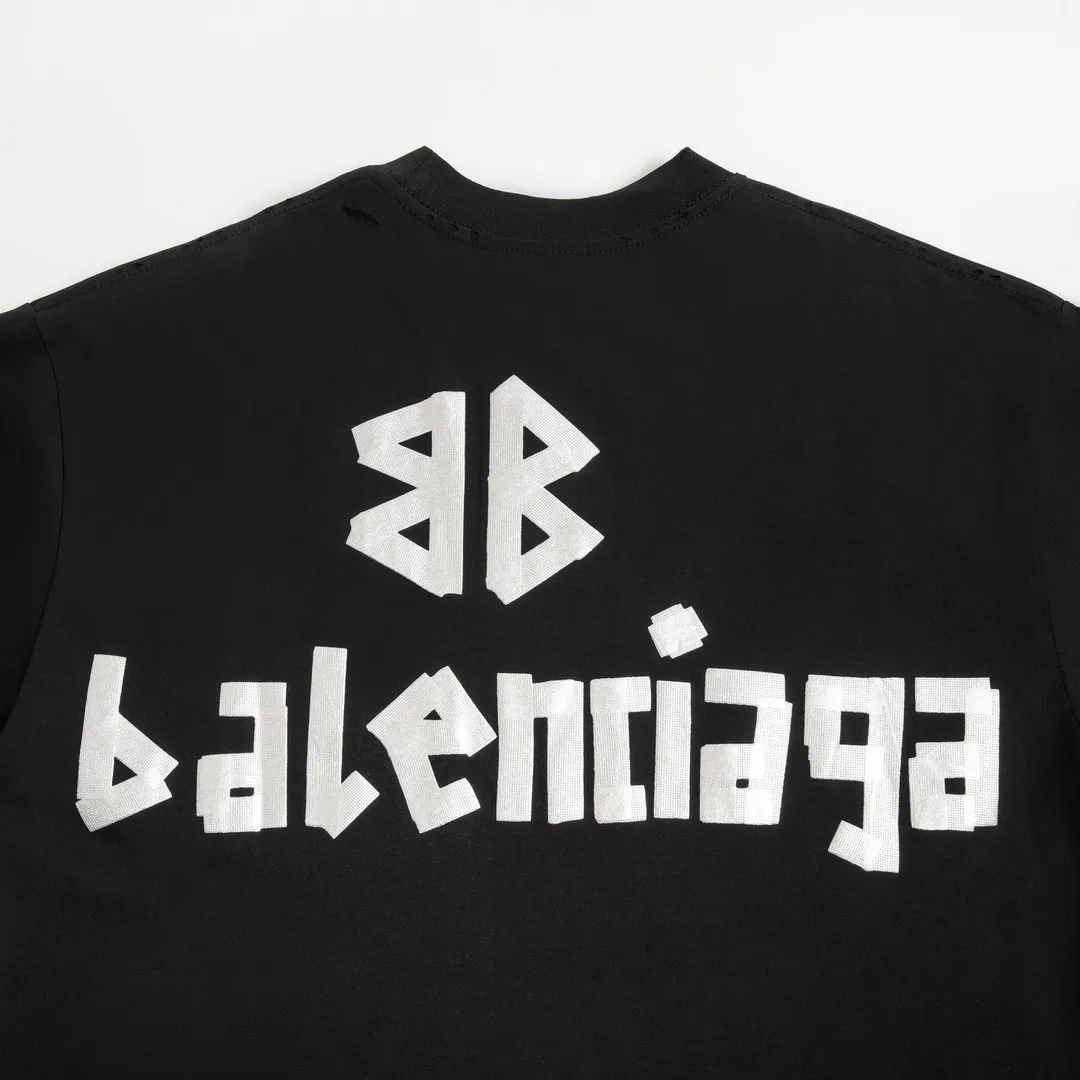 🅿️200 8110# Detailed picture Top version [[BALENCIA*GA] official website quality Paris new yellow tape digital direct spray long-sleeved T-shirt OS version Loose dropped shoulders Unisex fabric: 260g 100% cotton double yarn Process: front and rear digital direct spray Garment wash worn distressed fixed color solid Color: gray blue black white washed blue wine red green Size: XS S M L