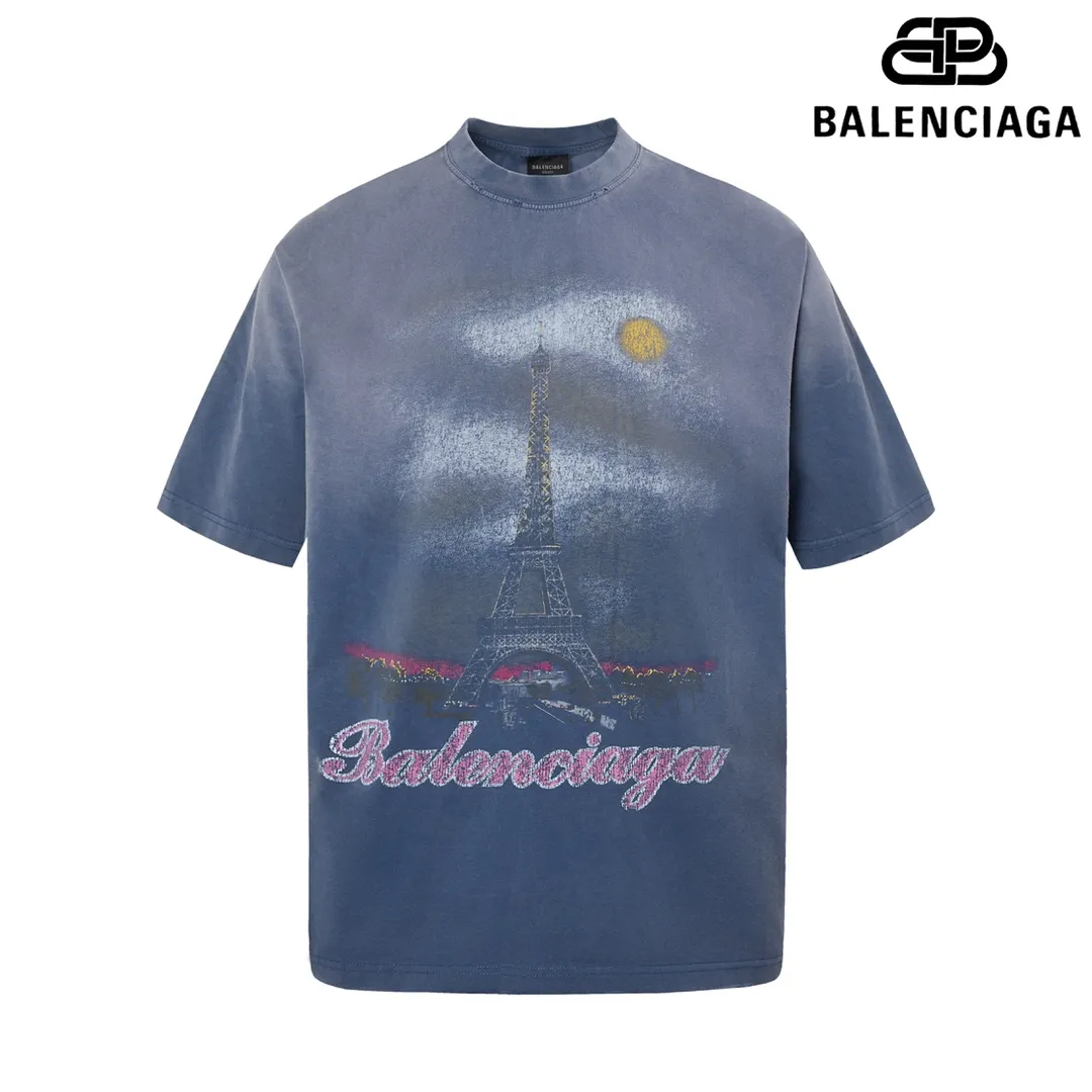 🅿️190 9108# Detailed picture Top version [[BALENCIA*GA] official website quality Paris new Eiffel Tower inkjet gradient short-sleeved T-shirt OS version Loose dropped shoulders Unisex style Fabric: 260g 100% cotton double yarn Technology: Front panel digital direct printing Garment wash Distressed Worn Shape Solid Color: Washed blue Pink Size: XS S M L