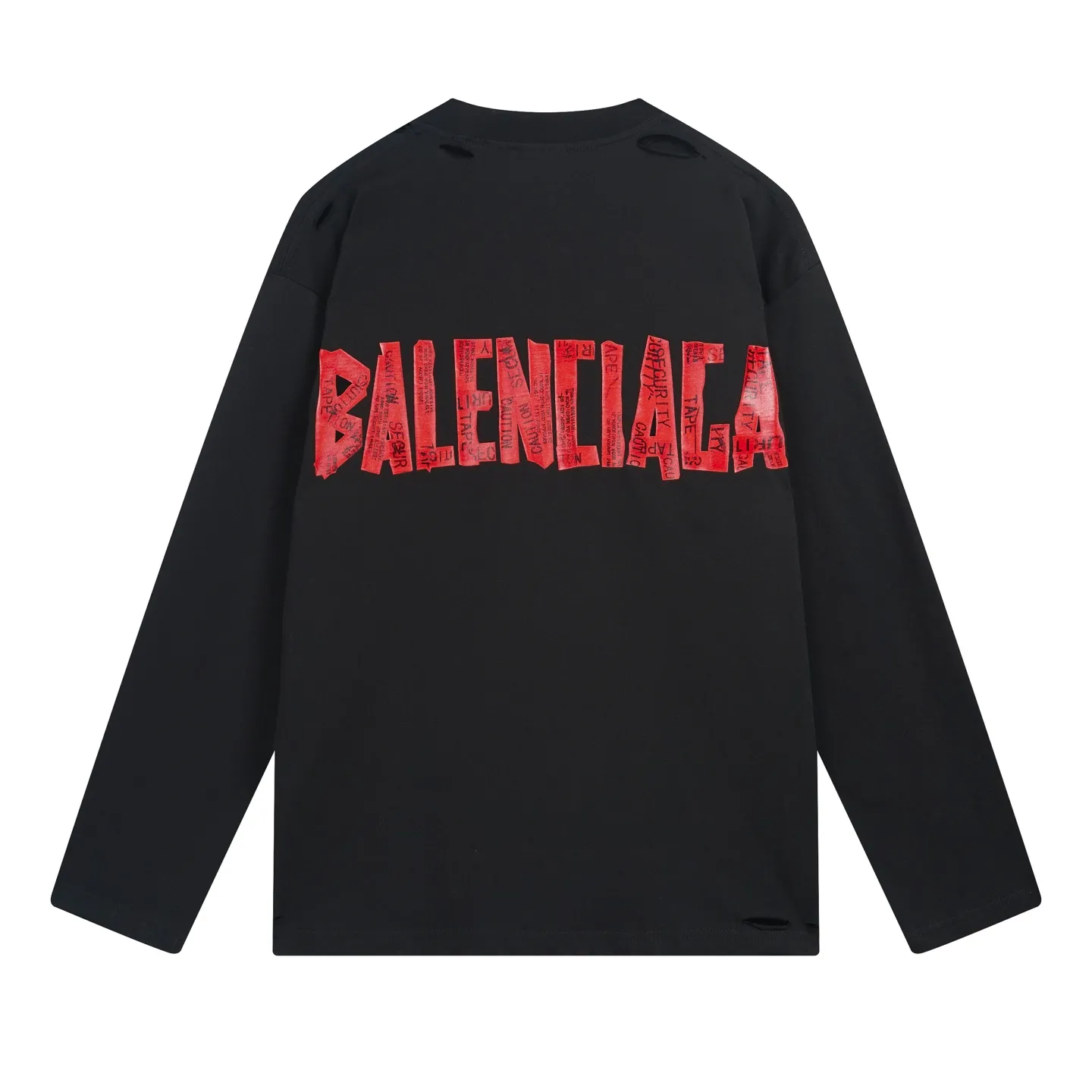 🅿️270 BALENCI*GA Paris masking tape-printed long-sleeved T-shirt. The back pattern is printed with environmentally friendly imported materials. The tape-stretched finished product is washed twice and worn to make the old process. Restore the brick cabinet. Exclusively pattern-woven and dyed 280g fabric. Threads are dyed in the same vat with zero color difference. The version adopts OS loose off-shoulder version. Welcome to compare. Same style for men and women -Color: Black -SIZE: Xs S M L Style number 8640#