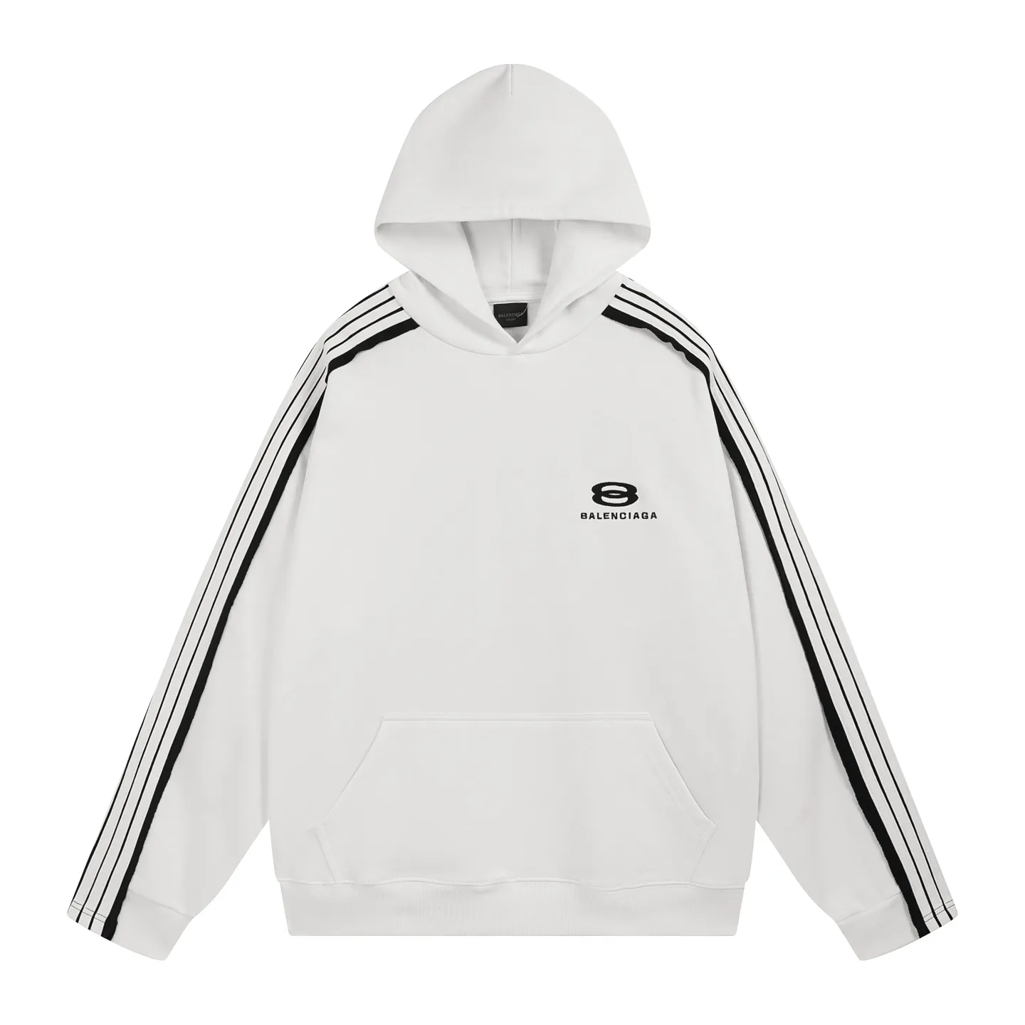 🅿️380 Detail Picture [Top version. Official website quality] BALENCI*GA/Paris SS25 latest model, shoulder sleeves color matching, tie strips, classic double-ring LOGO hooded sweatshirt embroidered on the front left chest, synchronized with brick cabinets, developed at the first time. The fabric is made of Paris ZP custom-woven and dyed cotton sweatshirt. Weighing 460 grams, the cloth surface is clean. The cloth pattern is clear, soft and comfortable. The threads are dyed with no color difference. The classic pattern embroidery is embroidered using an imported Tajima embroidery machine. The letters are clear, three-dimensional and without burrs. Shoulder sleeves with color tie strips, fashionable and classic. Jubie market produces pictures based on pictures. Welcome to compare. The version adopts OS loose shoulder design. Same style for men and women. Code: BL259903 Color: black, white Size: XS S M L