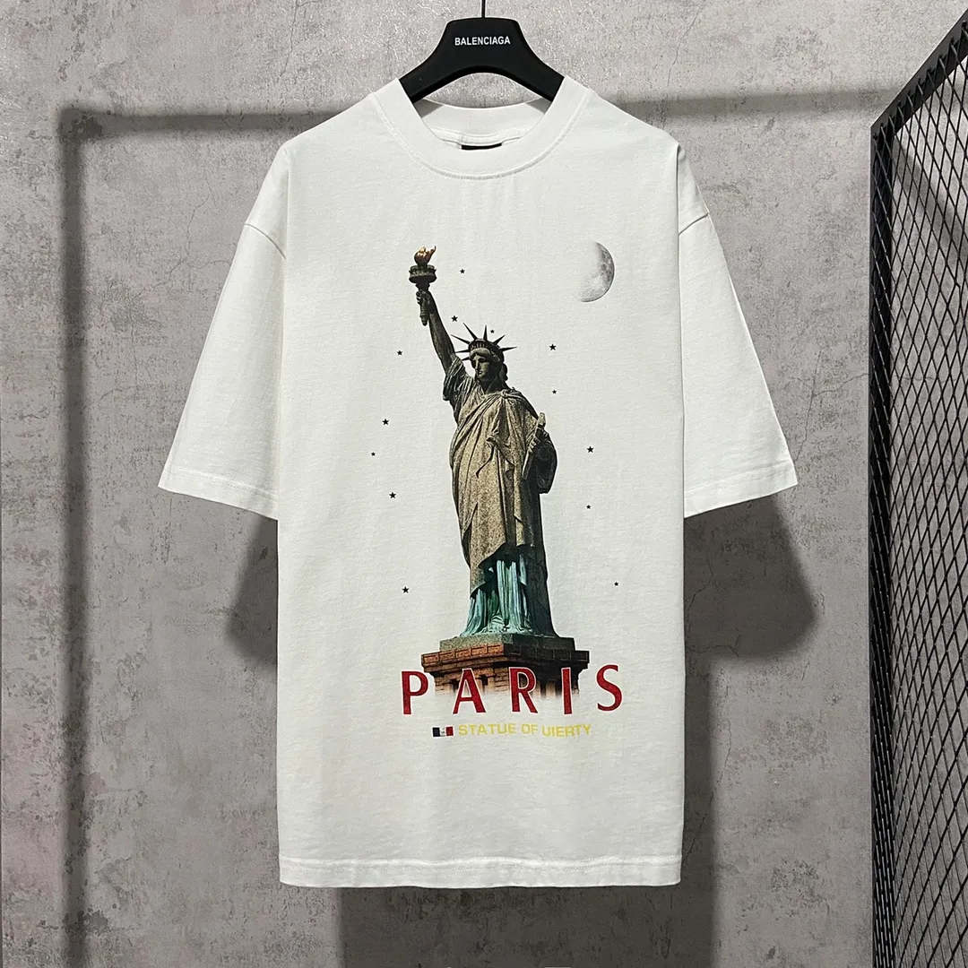 🅿️180 9112# Actual photo top version [[BALENCIA*GA] official website quality Paris new Statue of Liberty catwalk style short-sleeved T-shirt OS version loose dropped shoulders Unisex style Fabric: 260g 100% cotton double yarn Technology: front digital direct printing Garment wash worn distressed fixed color Color: washed black white Size: XS S M L