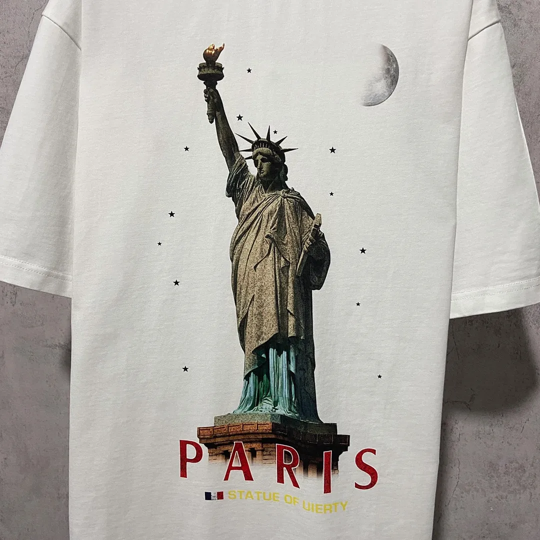 🅿️180 9112# Actual photo top version [[BALENCIA*GA] official website quality Paris new Statue of Liberty catwalk style short-sleeved T-shirt OS version loose dropped shoulders Unisex style Fabric: 260g 100% cotton double yarn Technology: front digital direct printing Garment wash worn distressed fixed color Color: washed black white Size: XS S M L