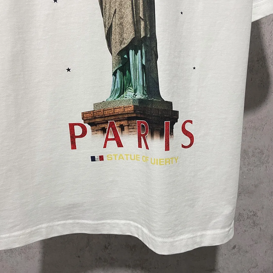 🅿️180 9112# Actual photo top version [[BALENCIA*GA] official website quality Paris new Statue of Liberty catwalk style short-sleeved T-shirt OS version loose dropped shoulders Unisex style Fabric: 260g 100% cotton double yarn Technology: front digital direct printing Garment wash worn distressed fixed color Color: washed black white Size: XS S M L