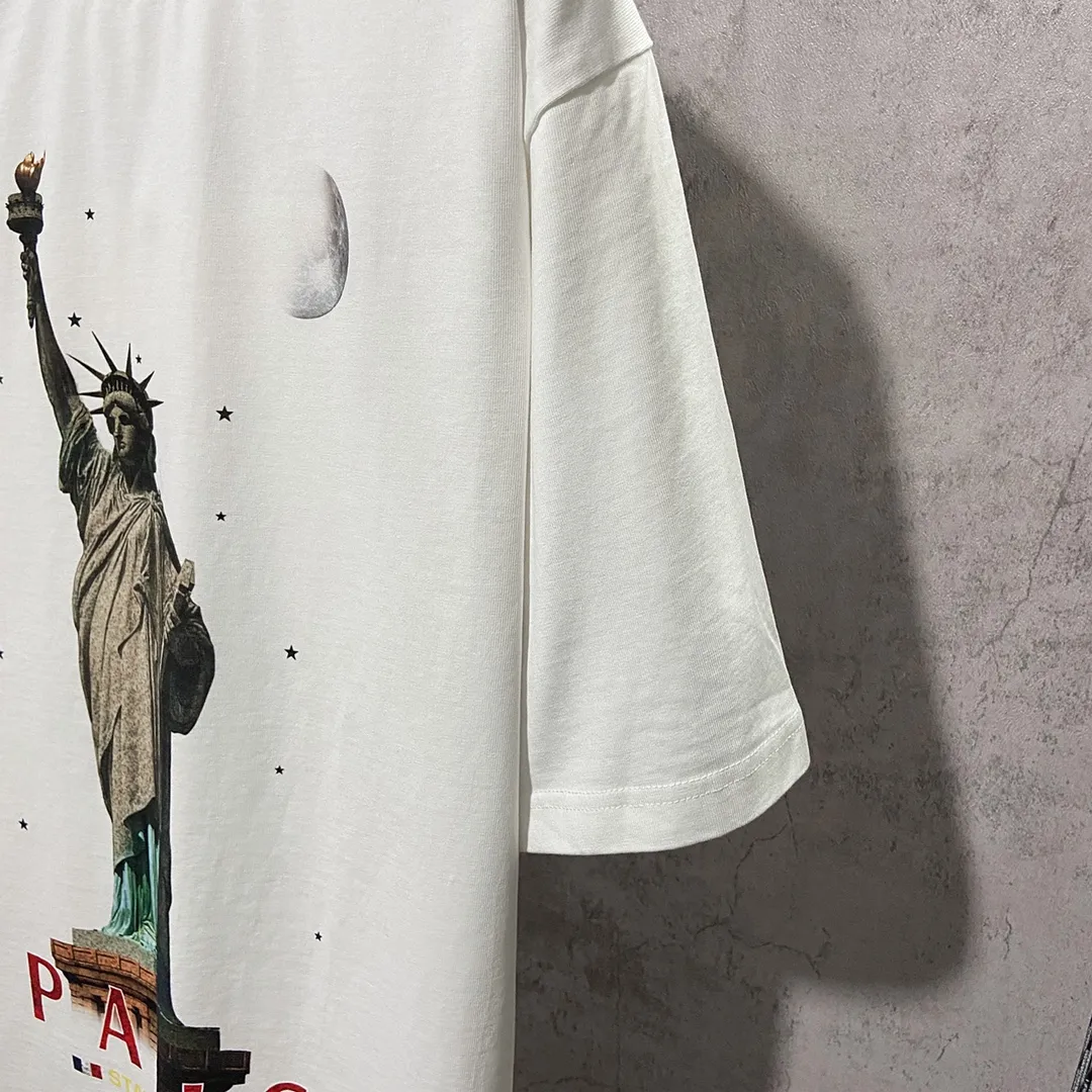 🅿️180 9112# Actual photo top version [[BALENCIA*GA] official website quality Paris new Statue of Liberty catwalk style short-sleeved T-shirt OS version loose dropped shoulders Unisex style Fabric: 260g 100% cotton double yarn Technology: front digital direct printing Garment wash worn distressed fixed color Color: washed black white Size: XS S M L