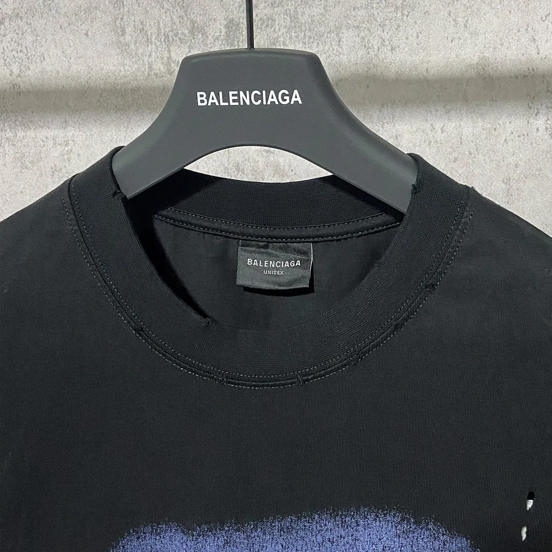 🅿️210 9127# Detailed picture Top version [[BALENCIA*GA] official website quality Paris new Eiffel Tower printed short-sleeved T-shirt OS version Loose dropped shoulders Unisex style Fabric: 260g 100% cotton double yarn Process: front and rear panel printing Garment wash worn distressed fixed color Color: washed black Size: XS S M L