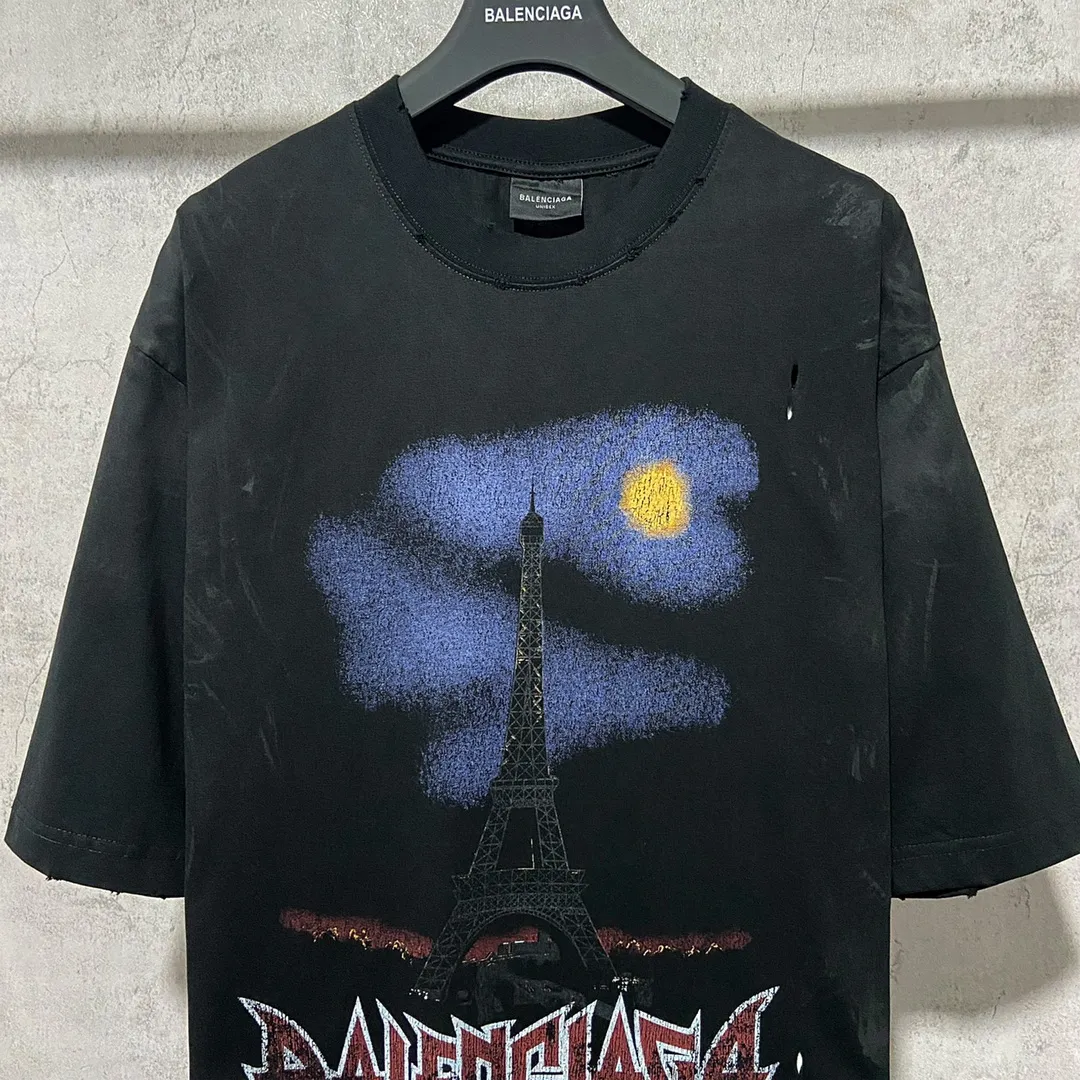 🅿️210 9127# Detailed picture Top version [[BALENCIA*GA] official website quality Paris new Eiffel Tower printed short-sleeved T-shirt OS version Loose dropped shoulders Unisex style Fabric: 260g 100% cotton double yarn Process: front and rear panel printing Garment wash worn distressed fixed color Color: washed black Size: XS S M L