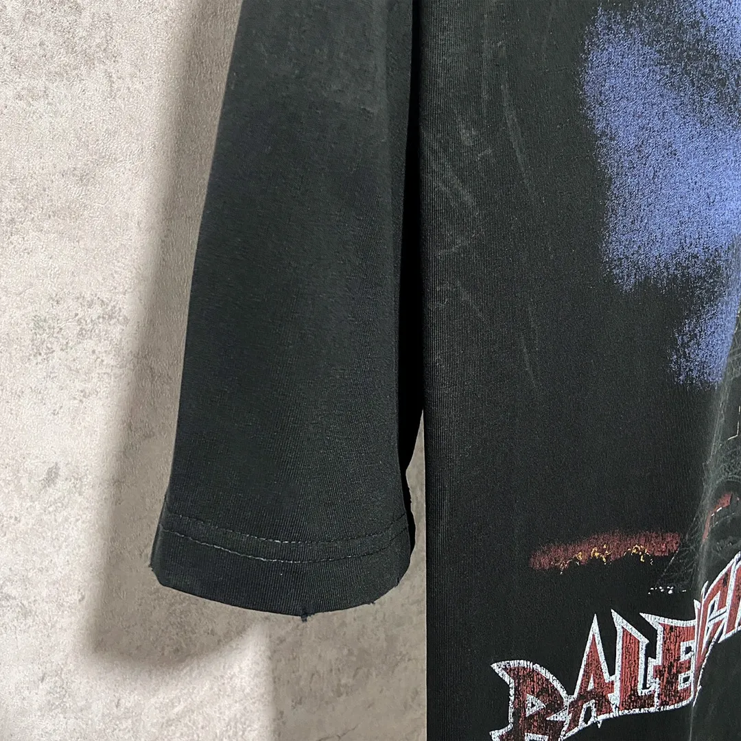 🅿️210 9127# Detailed picture Top version [[BALENCIA*GA] official website quality Paris new Eiffel Tower printed short-sleeved T-shirt OS version Loose dropped shoulders Unisex style Fabric: 260g 100% cotton double yarn Process: front and rear panel printing Garment wash worn distressed fixed color Color: washed black Size: XS S M L