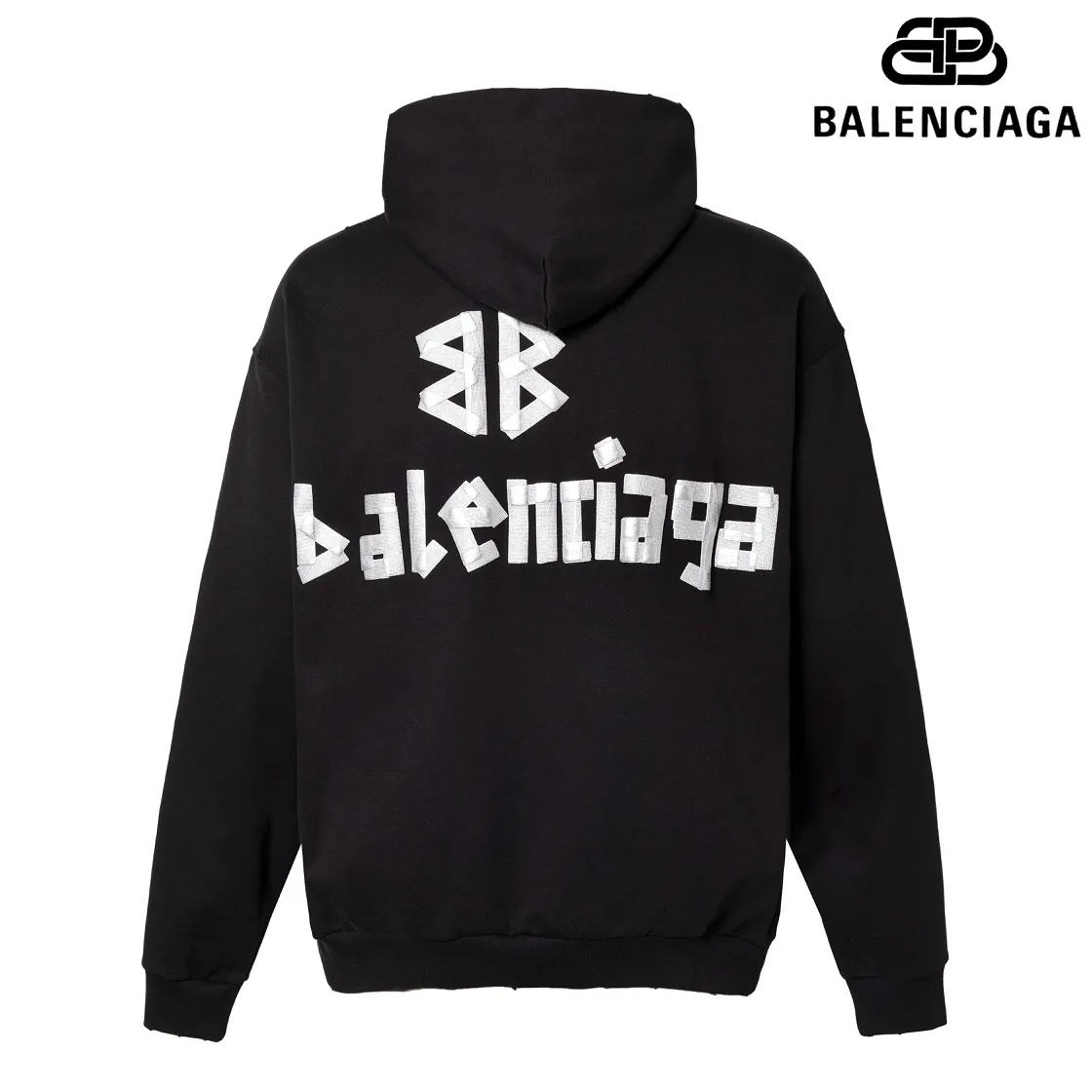 🅿️310 Detailed picture Top version [BALENCIA*GA] Official website quality Paris's new tape series hooded sweatshirt OS version Loose dropped shoulders Unisex style Fabric: 480g 100% cotton terry sweater Craftsmanship: Front and back printing Garment wash Worn Distressed Styling Solid color Color: black blue off-white Size: XS S M L