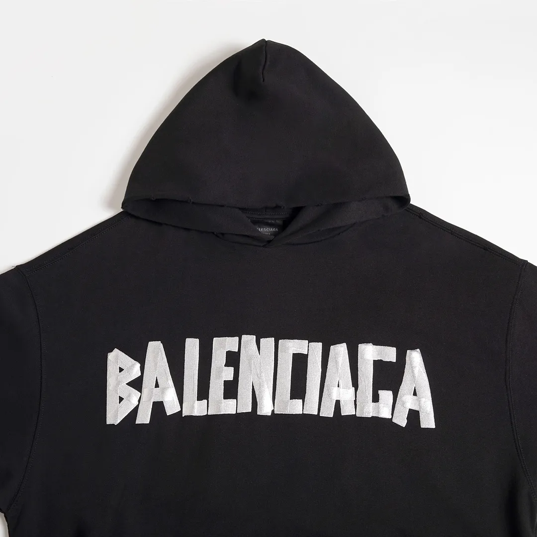 🅿️310 Detailed picture Top version [BALENCIA*GA] Official website quality Paris's new tape series hooded sweatshirt OS version Loose dropped shoulders Unisex style Fabric: 480g 100% cotton terry sweater Craftsmanship: Front and back printing Garment wash Worn Distressed Styling Solid color Color: black blue off-white Size: XS S M L