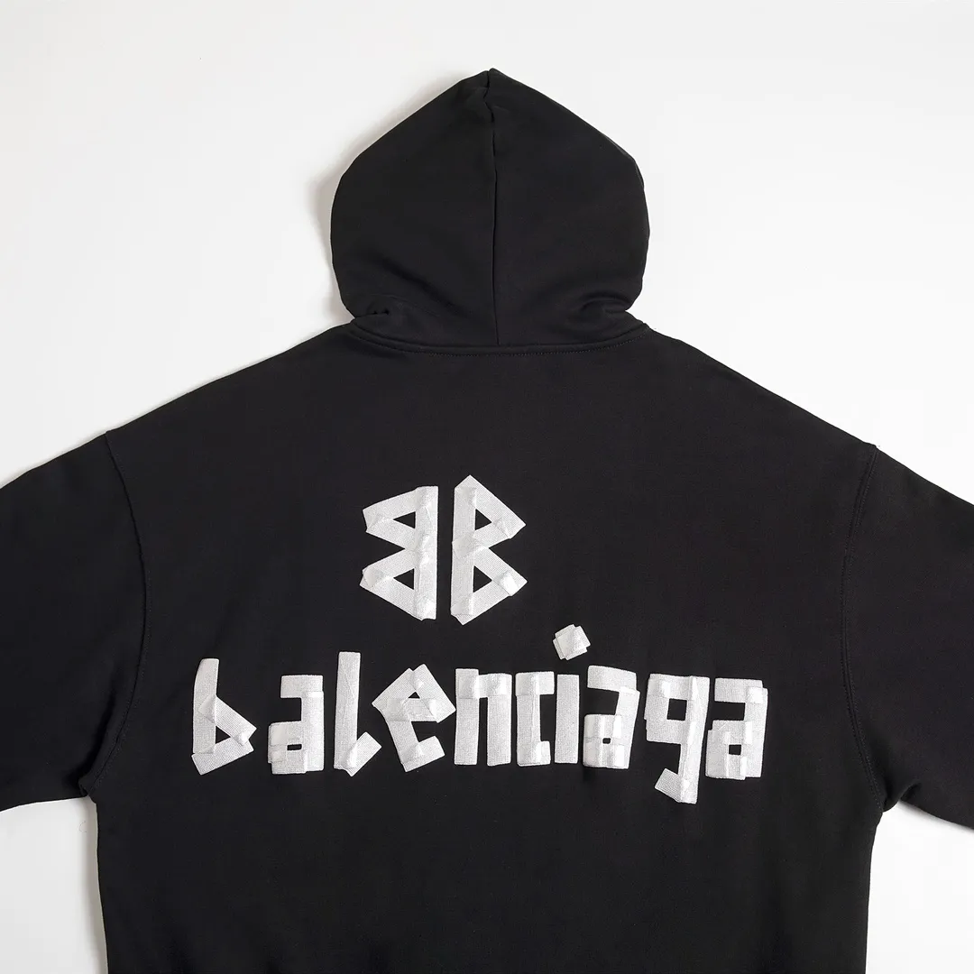🅿️310 Detailed picture Top version [BALENCIA*GA] Official website quality Paris's new tape series hooded sweatshirt OS version Loose dropped shoulders Unisex style Fabric: 480g 100% cotton terry sweater Craftsmanship: Front and back printing Garment wash Worn Distressed Styling Solid color Color: black blue off-white Size: XS S M L