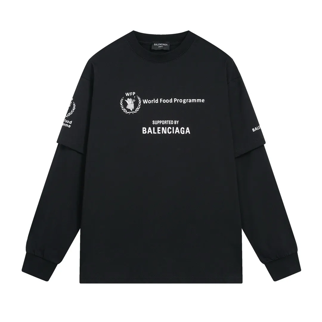 🅿️240 BALENCI*GA Paris world food fake two-piece long sleeves. The fabric is made of Paris custom-woven and dyed double yarn pure cotton fabric. The weight is 280g. The thread is custom-woven and dyed without color difference. The front and back panels are printed using environmentally friendly imported materials. Dot printing. Cuff splicing. Two high-temperature styling washes. os dropped shoulders, loose version, same style for men and women -Color: black -SIZE: XS S M L Style number 8607#