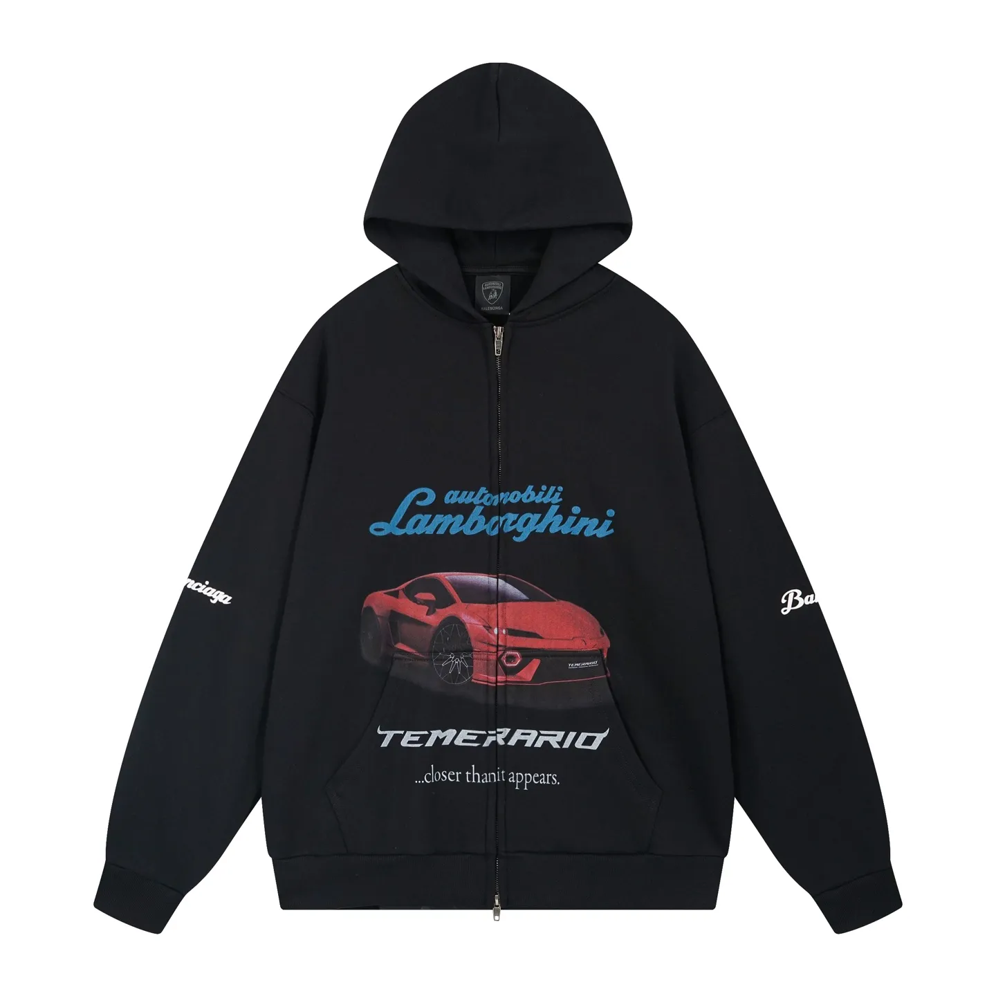 🅿️410 Real photos [Top version. Official website quality] BALENCI*GA/Paris co-branded Lamborghini Lamborghini front and back, left and right sleeves direct-injection printed zipper cardigan sweatshirt SS25 latest model. Research and development at the first time, different market currencies. Comparisons welcome. The fabric is made of Paris ZP custom-woven and dyed cotton sweatshirt. Weighing 460 grams, the cloth surface is clean. The cloth pattern is clear, soft and comfortable. The threads are dyed with no color difference. Printing adopts computer direct printing. The pattern letters are clear, three-dimensional and without burrs. Jubie market produces pictures based on pictures. Welcome to compare. The version adopts OS loose shoulder design. Same style for men and women. Code: BL259909 Color: Black Size: XS S M L