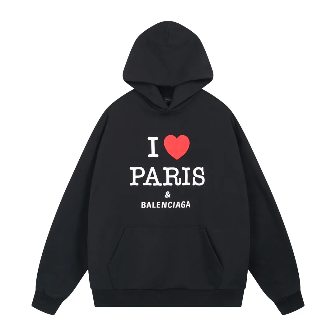 🅿️310 real photos [Top version. Official website quality] BALENCI*GA/Paris.SS24 latest model, front I Love Paris & Balenciaxx art print hooded sweatshirt. Brick cabinet synchronization. Genuine product developed in the first time, happy to print and compare! The fabric is made of Paris ZP custom-woven and dyed cotton sweatshirt. Weighing 460 grams, the cloth surface is clean. The cloth pattern is clear, soft and comfortable. The threads are dyed with no color difference. The printing uses environmentally friendly imported materials. The letters are clear and the effect is three-dimensional. The version adopts OS loose shoulder design. Same style for men and women. Code: BL238908 Color:: Black Size: XS S M L