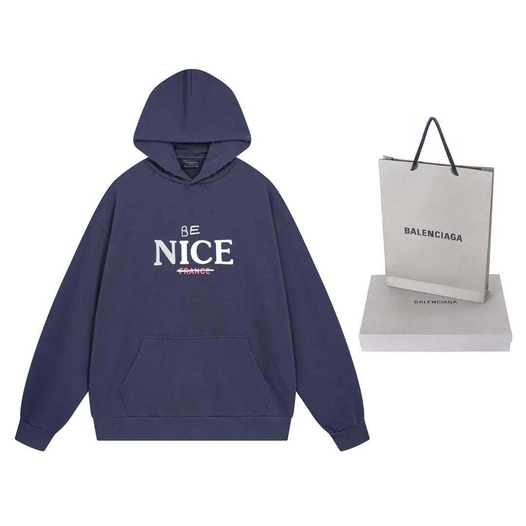 🅿️316 Detailed picture [Top version. Official website quality] BALENCI*GA/Paris BALENCI*GA#NICE letter printed hooded sweatshirt. New product for autumn and winter 2023. Purchase the original board for the first time to customize. Color printing. Washed and worn to be consistent with the original board. Welcome to compare. Brick cabinet synchronization. The fabric is made of Paris ZP custom-woven and dyed cotton double-yarn large parka. The weight is 450 grams. The cloth surface is clean. The cloth pattern is clear. It is soft and comfortable. It has good color fastness and is not easy to change color. The threads are woven and dyed with no color difference. The printing uses a round machine hand-painted effect. No burrs. The color is the same as the original board. The whole piece of clothing is hand-made and worn. The brick cabinet is restored. The version adopts the OS loose shoulder version. Same style for men and women. Code: BL238033 Color: Gray purple. Apricot Size: XS S M L