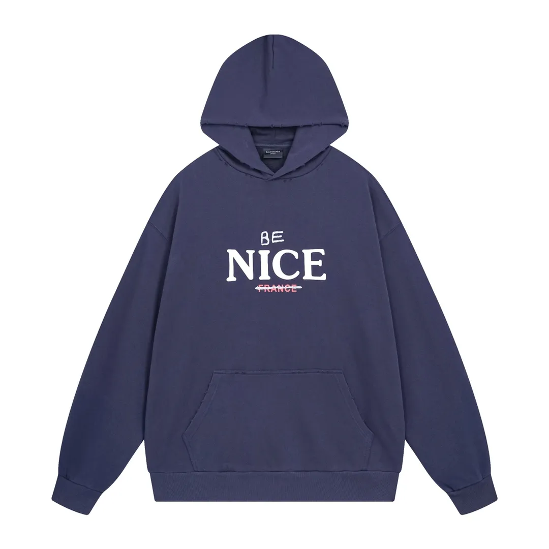 🅿️316 Detailed picture [Top version. Official website quality] BALENCI*GA/Paris BALENCI*GA#NICE letter printed hooded sweatshirt. New product for autumn and winter 2023. Purchase the original board for the first time to customize. Color printing. Washed and worn to be consistent with the original board. Welcome to compare. Brick cabinet synchronization. The fabric is made of Paris ZP custom-woven and dyed cotton double-yarn large parka. The weight is 450 grams. The cloth surface is clean. The cloth pattern is clear. It is soft and comfortable. It has good color fastness and is not easy to change color. The threads are woven and dyed with no color difference. The printing uses a round machine hand-painted effect. No burrs. The color is the same as the original board. The whole piece of clothing is hand-made and worn. The brick cabinet is restored. The version adopts the OS loose shoulder version. Same style for men and women. Code: BL238033 Color: Gray purple. Apricot Size: XS S M L