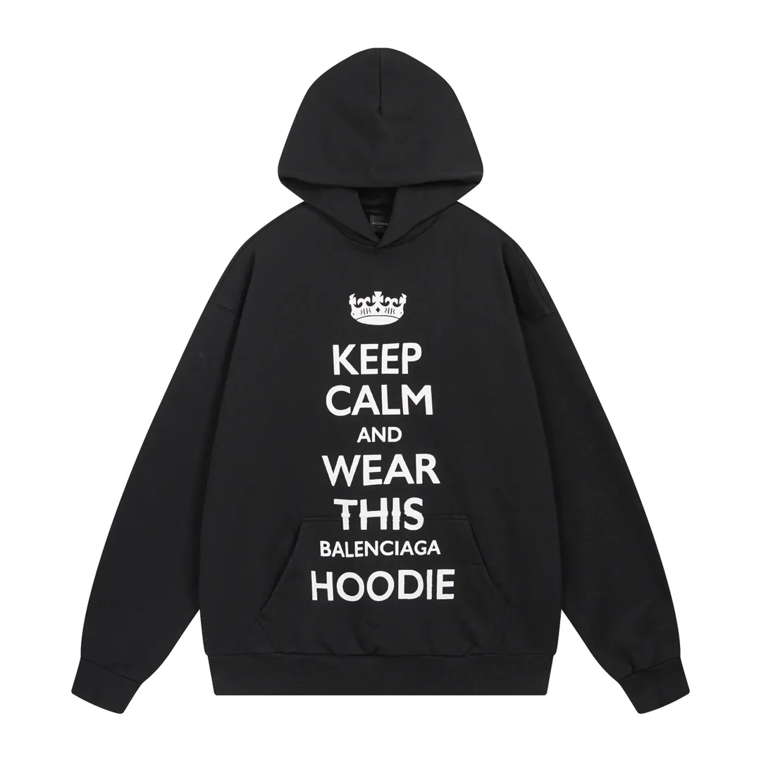 🅿️310 real photos [Top version. Official website quality] BALENCI*GA/Paris new style. 2024 autumn and winter new style. KEEP.CALM art print hooded sweatshirt, brick cabinet synchronization. Genuine product developed in the first time, happy to print and compare! The fabric is made of Paris ZP custom-woven and dyed cotton sweatshirt. Weighing 460 grams, the cloth surface is clean. The cloth pattern is clear, soft and comfortable. The threads are dyed with no color difference. The printing uses environmentally friendly imported materials. The letters are clear and the effect is three-dimensional. The version adopts OS loose shoulder design. Same style for men and women. Code: BL238938 Color: Black Size: XS S M L