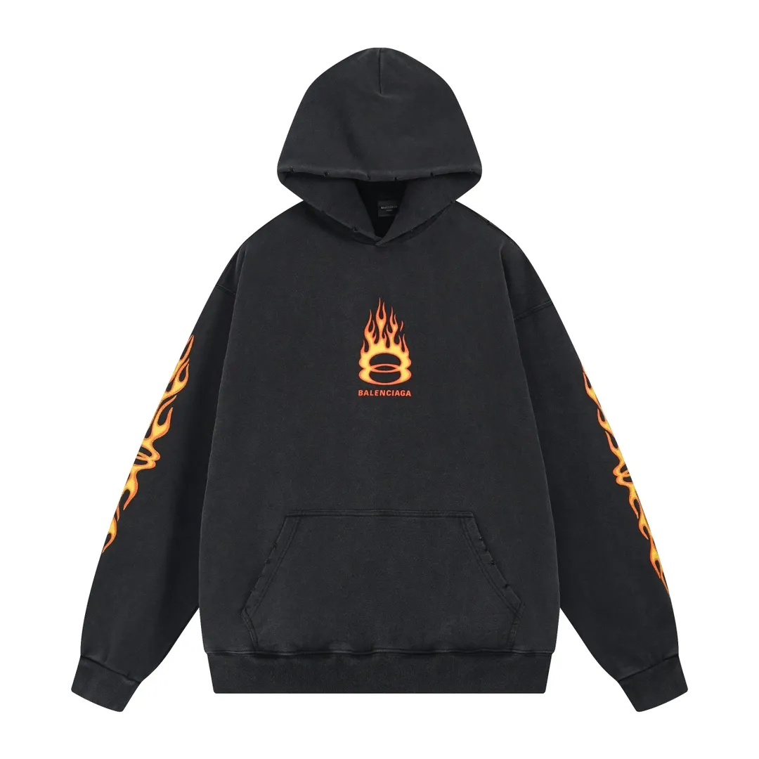 🅿️350 real photos [Top version. Official website quality] BALENCI*GA/Paris#.2024#Double Ring# Flame Direct Injection Printed Washed and Distressed Hooded Sweatshirt 2024 New Style. Genuine product developed at the first time, widely used in the market. Happy printing comparison! The fabric is made of Paris ZP custom-woven and dyed cotton sweatshirt. Weighing 460 grams, the cloth surface is clean. The cloth pattern is clear, soft and comfortable. The threads are dyed with no color difference. The printing uses environmentally friendly imported materials for direct printing, with clear patterns and three-dimensional effects. The entire garment is washed, distressed and worn. The version adopts OS loose shoulder design. Same style for men and women. Code: BL238937 Color: washed black Size: XS S M L