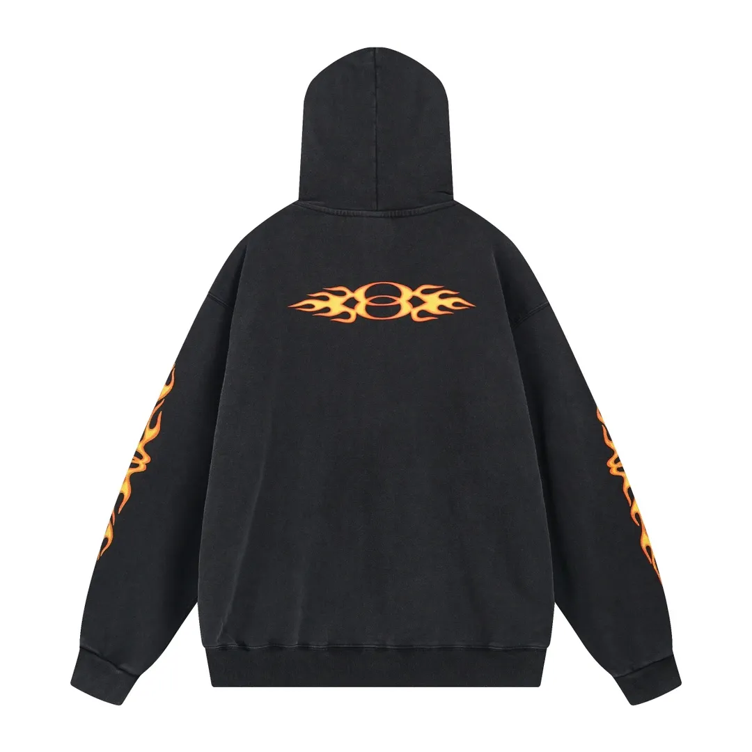 🅿️350 real photos [Top version. Official website quality] BALENCI*GA/Paris#.2024#Double Ring# Flame Direct Injection Printed Washed and Distressed Hooded Sweatshirt 2024 New Style. Genuine product developed at the first time, widely used in the market. Happy printing comparison! The fabric is made of Paris ZP custom-woven and dyed cotton sweatshirt. Weighing 460 grams, the cloth surface is clean. The cloth pattern is clear, soft and comfortable. The threads are dyed with no color difference. The printing uses environmentally friendly imported materials for direct printing, with clear patterns and three-dimensional effects. The entire garment is washed, distressed and worn. The version adopts OS loose shoulder design. Same style for men and women. Code: BL238937 Color: washed black Size: XS S M L
