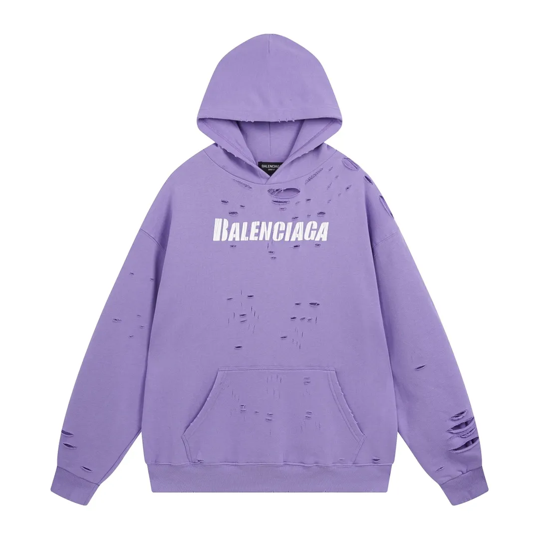 🅿️396 Detailed picture [Top version. Official website quality] BALENCI*GA/Paris. Classic style. 22SS #BALENCI*GA# Artistic ripped hole and velvet inner two-piece hooded sweatshirt. Autumn and winter brick cabinets are synchronized. Welcome to compare. The fabric is made of Paris ZP custom-woven and dyed cotton double yarn David coat with velvet lining. The fabric pattern is clear, soft and comfortable. The threads are woven and dyed with no color difference. The classic letter LOGO adopts precision stencils, imported environmentally friendly rubber paddles, and turtle crack printing, with a three-dimensional effect. Garment positioning art is worn with holes, and the hem is threaded. The brim of the hat and the bag mouth are hand-worn vintage. Restore the brick cabinet, and the version adopts the OS loose shoulder version. Same style for men and women Coding: BL238001 Color: Black. White. Hulan. Brown. Dark green. Burgundy. Purple Size: XS to L