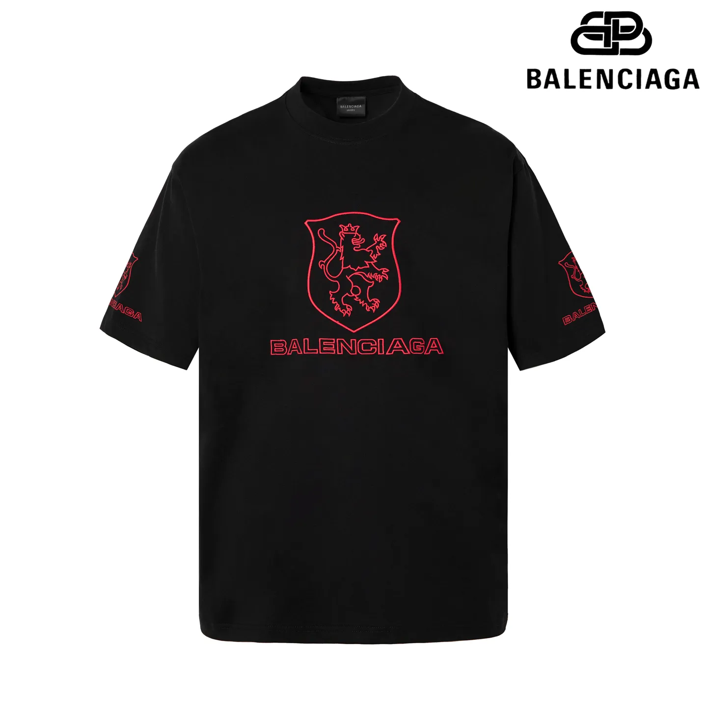 🅿️180 9183# Detailed picture Top version [[BALENCIA*GA] official website quality Paris new co-branded LION CLUB letter LOGO embroidered short-sleeved T-shirt OS version Loose dropped shoulders Unisex fabric: 260g 100% cotton double yarn Technology: embroidery on the front and rear panels on the left and right sleeves Garment washing Shape fixation Color: black Size: XS S M L