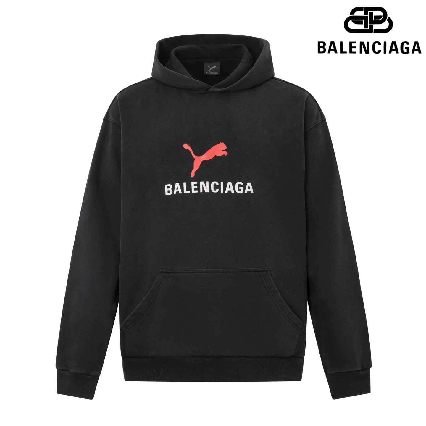 🅿️290 7202# Detailed picture Top version [[BALENCIA*GA] Official website quality Paris new joint PUMA series front printed hooded sweatshirt OS version Loose dropped shoulders Unisex style Fabric: 480g 100% cotton terry Davidson Technique: Front printed Garment wash Distressed Shape solid color Color: Washed black Size: XS S M L