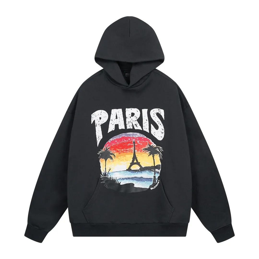 🅿️320 real photos [Top version. Official website quality] BALENCI*GA/Paris. Hawaiian sunset coconut palm tower LOGO pattern direct-printed hooded sweatshirt. Brick cabinet synchronization. The fabric is made of Paris ZP custom-woven and dyed cotton sweatshirt. The weight is 460 grams. The cloth surface is clean. The cloth pattern is clear, soft and comfortable. The threads are dyed with no color difference. The classic pattern printing uses imported machine direct printing. The effect is three-dimensional and restores the brick cabinet. Different market currencies, welcome to compare. The version adopts OS loose shoulder design. Same style for men and women. Code: BL238920 Color: black, white Size: XS S M L