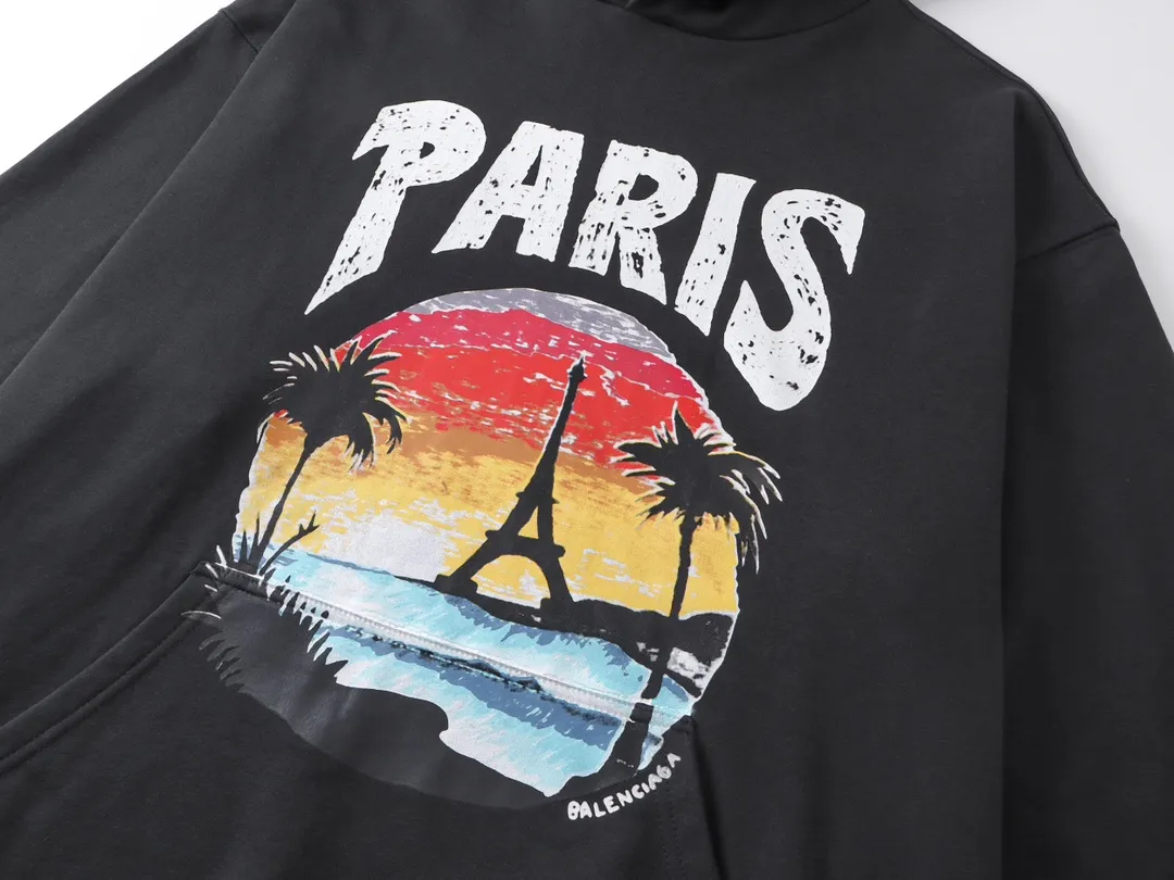 🅿️320 real photos [Top version. Official website quality] BALENCI*GA/Paris. Hawaiian sunset coconut palm tower LOGO pattern direct-printed hooded sweatshirt. Brick cabinet synchronization. The fabric is made of Paris ZP custom-woven and dyed cotton sweatshirt. The weight is 460 grams. The cloth surface is clean. The cloth pattern is clear, soft and comfortable. The threads are dyed with no color difference. The classic pattern printing uses imported machine direct printing. The effect is three-dimensional and restores the brick cabinet. Different market currencies, welcome to compare. The version adopts OS loose shoulder design. Same style for men and women. Code: BL238920 Color: black, white Size: XS S M L