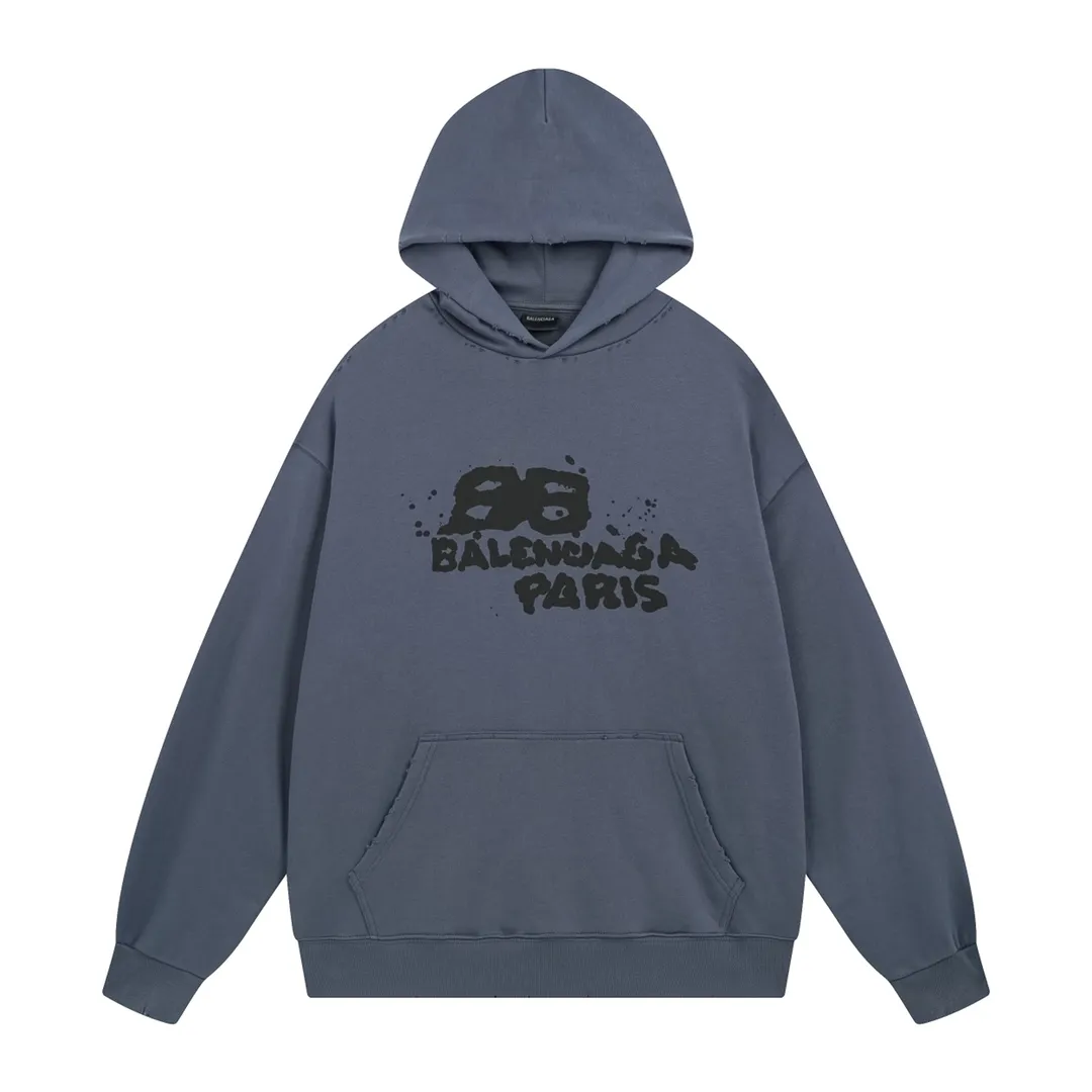 🅿️300 Detailed picture [Top version. Official website quality] BALENCI*GA/Paris BALENCI*GA#BB hand-painted graffiti long-sleeved hooded sweatshirt. 2023 autumn and winter new products. Brick cabinet synchronization. The fabric is made of Paris ZP custom-woven and dyed cotton double-yarn David sweatshirt. The weight is 450 grams, the cloth surface is clean. The cloth pattern is clear. Soft and comfortable. Good color fastness. Not easy to change color. The threads are woven and dyed with no color difference. The printing uses a round machine hand-painted effect. No burrs. The color follows the original board. The whole piece of clothing is hand-made and worn. The brick cabinet is restored. The version adopts the OS loose shoulder style. Same style for men and women. Coding: BL238018 Color: black, white, gray blue, pink Size: XS S M L