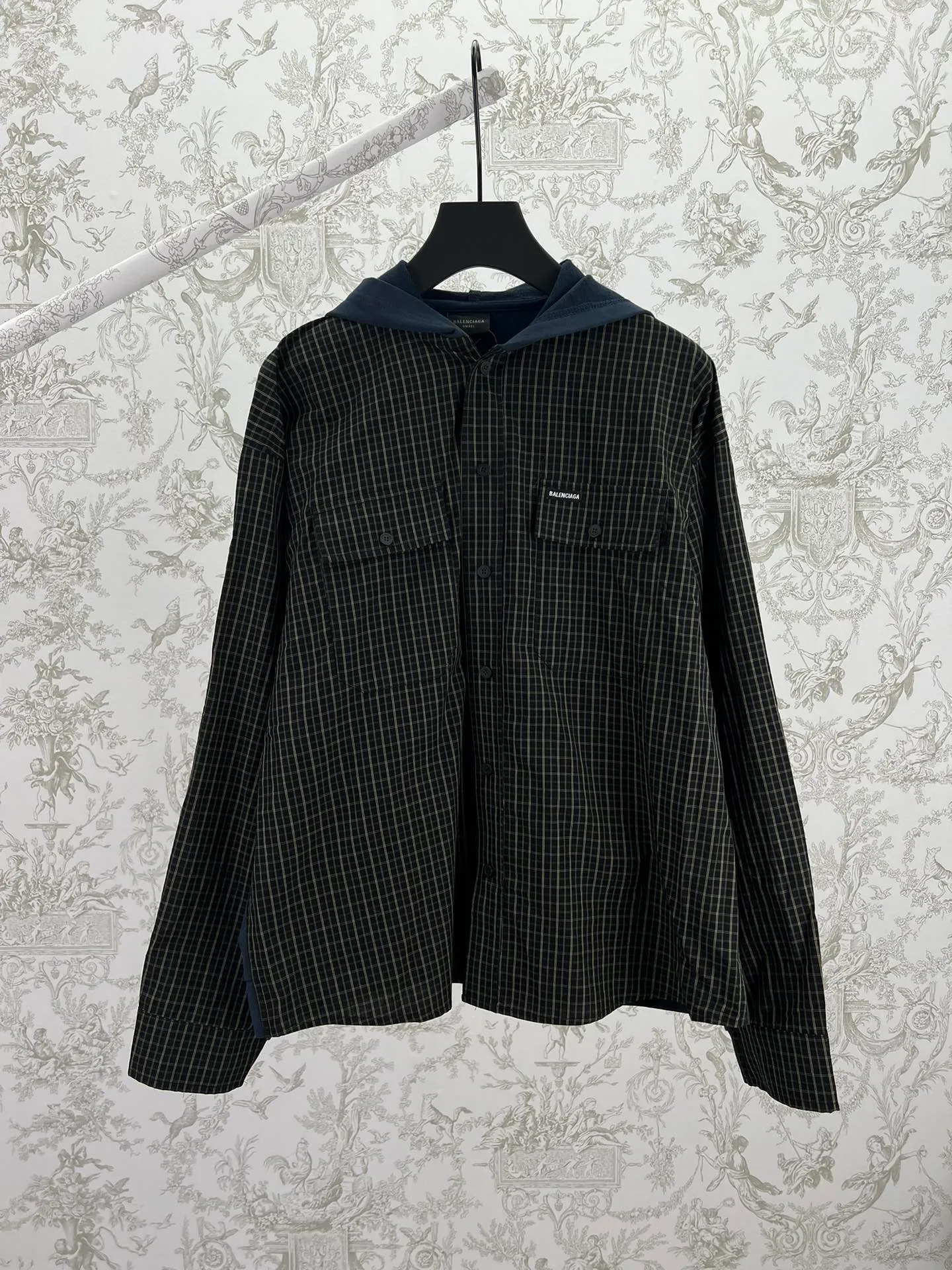 🅿️570 Paris 25ss new plaid patchwork hooded jacket, chest pocket, curved hem shirt, regular fit, men's code number: 1.2.3.4.