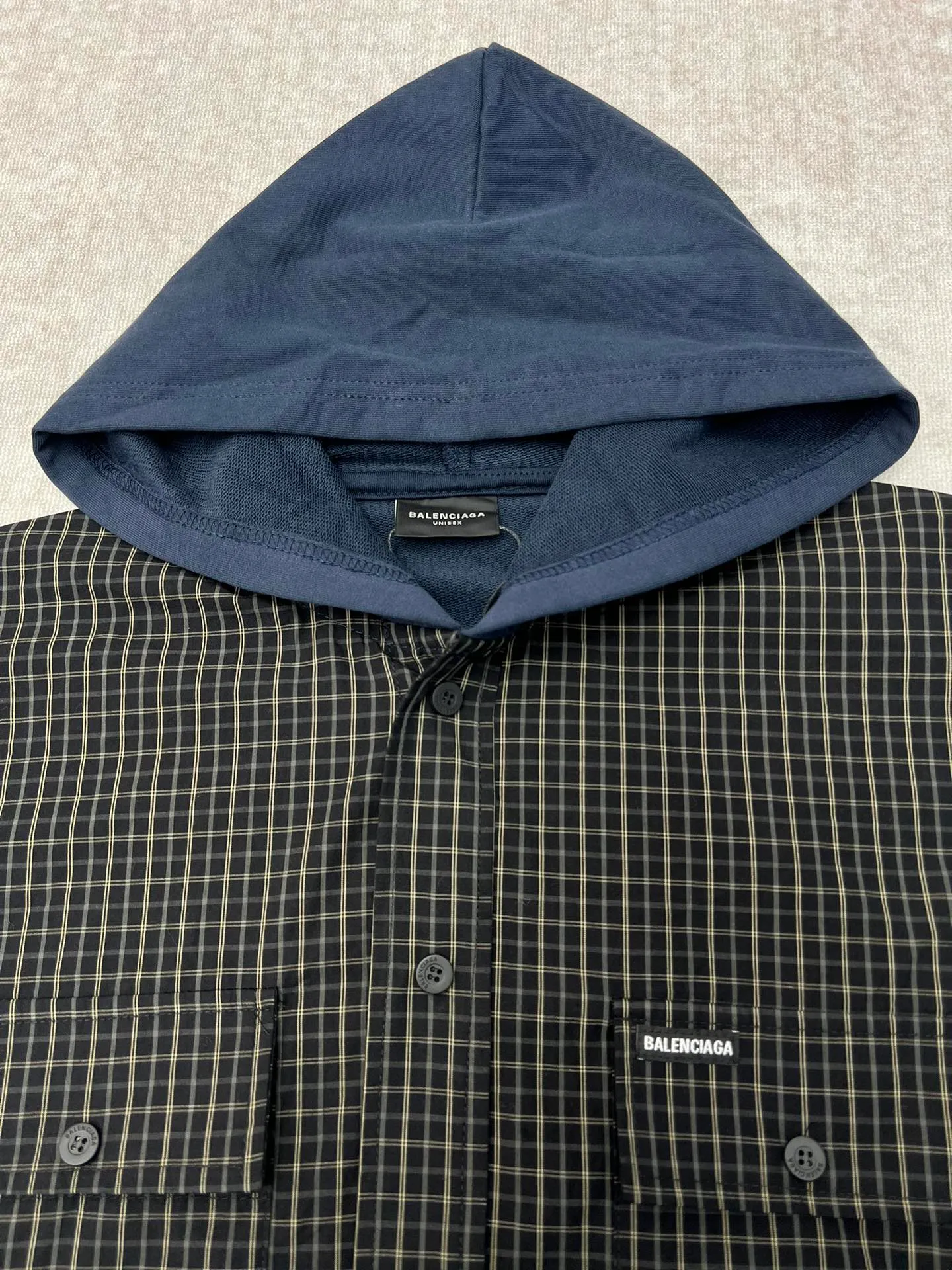 🅿️570 Paris 25ss new plaid patchwork hooded jacket, chest pocket, curved hem shirt, regular fit, men's code number: 1.2.3.4.