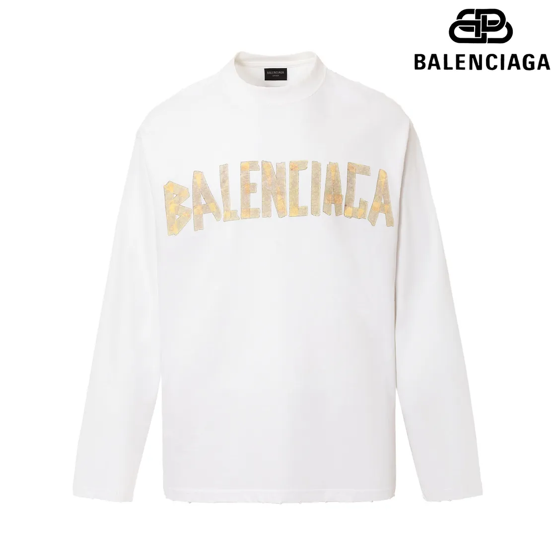 🅿️200 8110# Detailed picture Top version [[BALENCIA*GA] official website quality Paris new yellow tape digital direct spray long-sleeved T-shirt OS version Loose dropped shoulders Unisex fabric: 260g 100% cotton double yarn Process: front and rear digital direct spray Garment wash worn distressed fixed color solid Color: gray blue black white washed blue wine red green Size: XS S M L