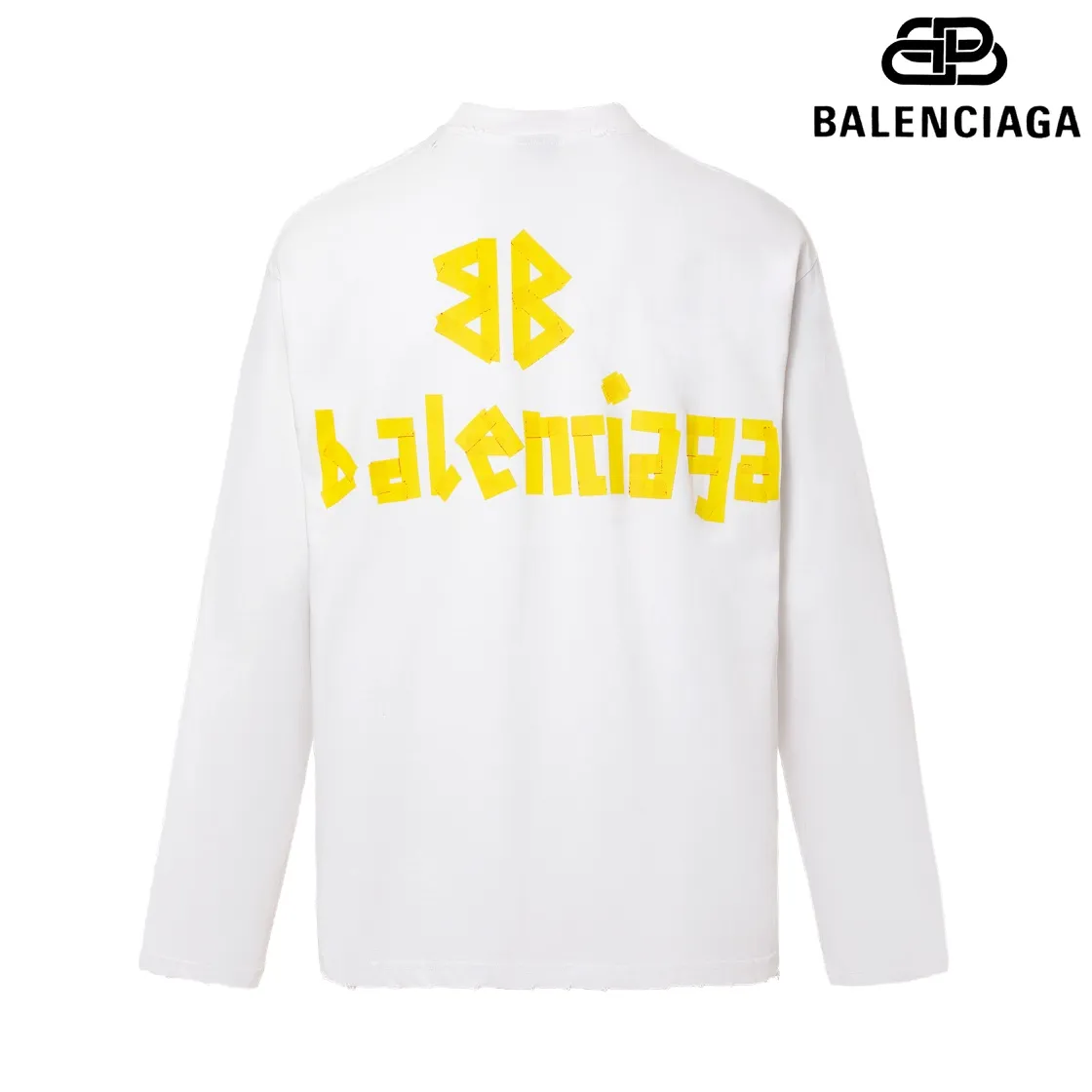 🅿️200 8110# Detailed picture Top version [[BALENCIA*GA] official website quality Paris new yellow tape digital direct spray long-sleeved T-shirt OS version Loose dropped shoulders Unisex fabric: 260g 100% cotton double yarn Process: front and rear digital direct spray Garment wash worn distressed fixed color solid Color: gray blue black white washed blue wine red green Size: XS S M L