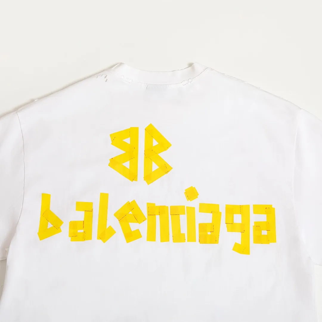 🅿️200 8110# Detailed picture Top version [[BALENCIA*GA] official website quality Paris new yellow tape digital direct spray long-sleeved T-shirt OS version Loose dropped shoulders Unisex fabric: 260g 100% cotton double yarn Process: front and rear digital direct spray Garment wash worn distressed fixed color solid Color: gray blue black white washed blue wine red green Size: XS S M L