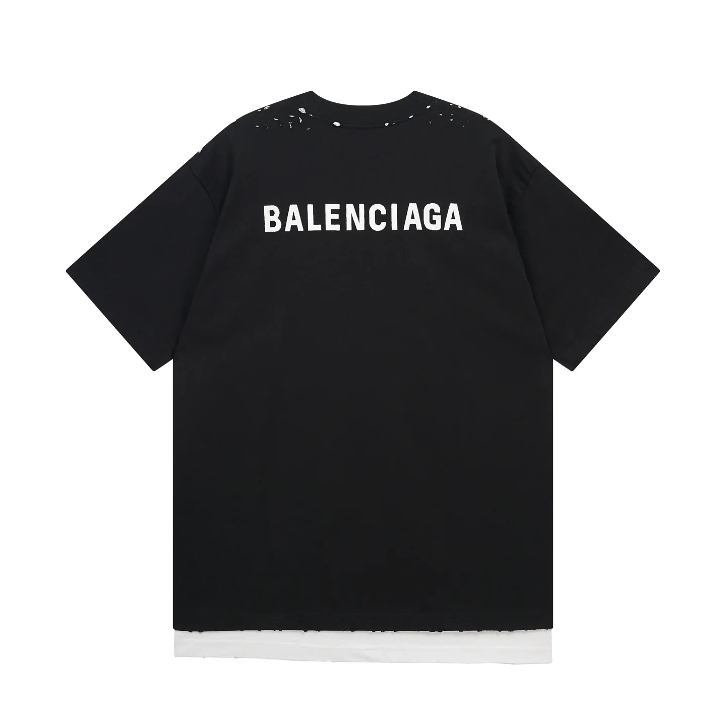 🅿️240 real photos [Top version. Official website quality] BALENCI*GA/SS25 new model. Paris letters LOGO embroidered on the front and back, double-layered two-piece set of washed and worn distressed short-sleeved T-shirt # with multiple spots on the back distressed and distressed SS25 latest style. Research and development at the first time, different market currencies. Comparisons welcome. The fabric is made of Paris ZP custom-woven and dyed cotton double yarn. Weighing 260 grams, the cloth surface is clean. The cloth pattern is clear, soft and comfortable. The threads are dyed with no color difference. The embroidery is done with embroidery machines imported from Tajima, and the garments are washed and worn to make them look old. Jubie market currency. Welcome to compare. The version adopts OS loose shoulder design. Same style for men and women. Code: BL253707 Color: Black Size: XS S M L