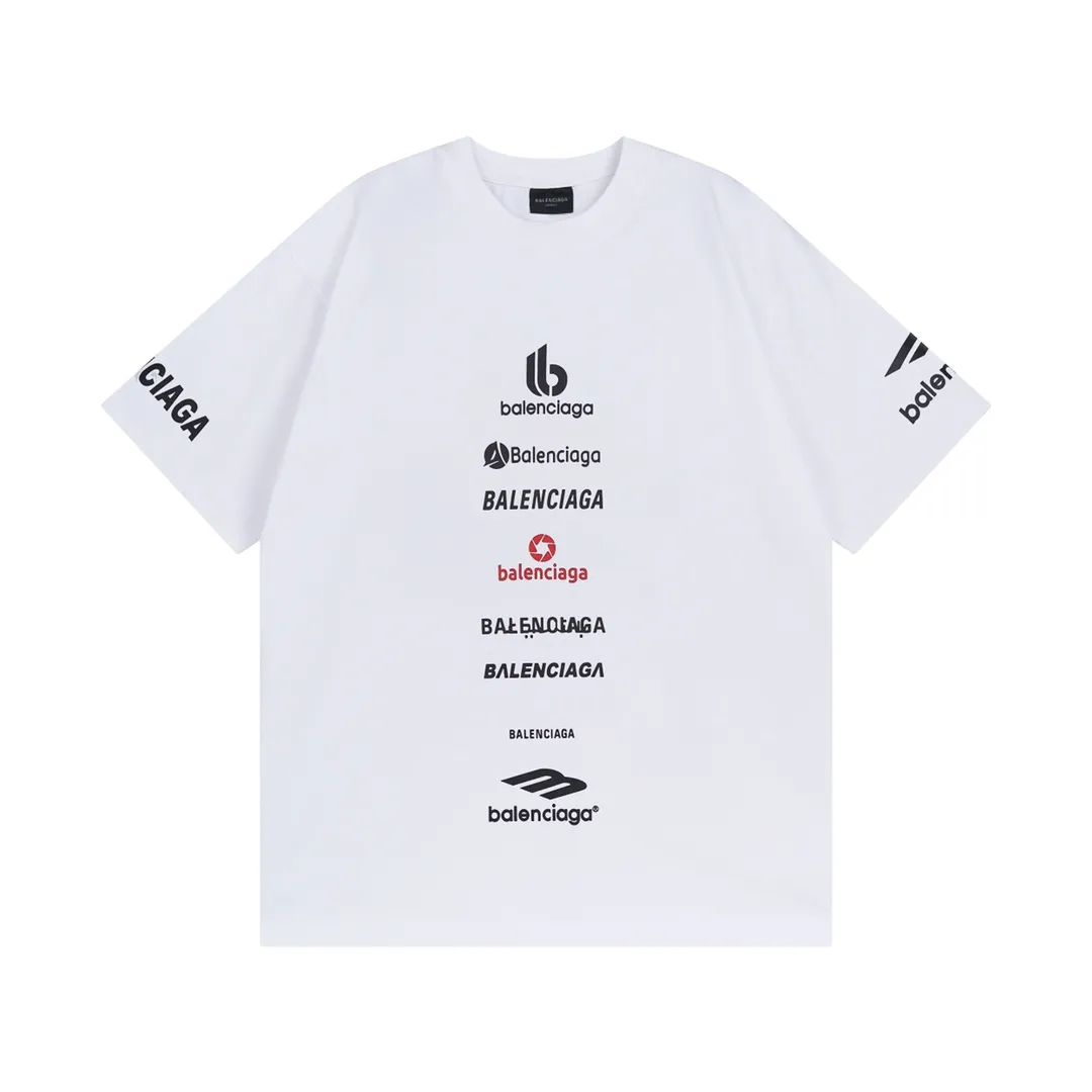 🅿️180 detailed pictures [Top version. Official website quality] BALENCI*GA/Paris. Multi-element trademark LOGO short-sleeved T-shirt 2024 new style. All pattern details, colors, Y boards are customized, and the brick cabinets are synchronized. Genuine products are developed at the first time, and you can print and compare! The fabric is made of Paris ZP custom-woven and dyed cotton double yarn. Weighing 260 grams, the cloth surface is clean. The cloth pattern is clear, soft and comfortable. The threads are dyed with no color difference. The printing uses environmentally friendly imported materials, the letters are clear and the effect is three-dimensional. The version adopts OS loose shoulder design. Same style for men and women. Code: BL223375 Color: black, white Size: XS to L